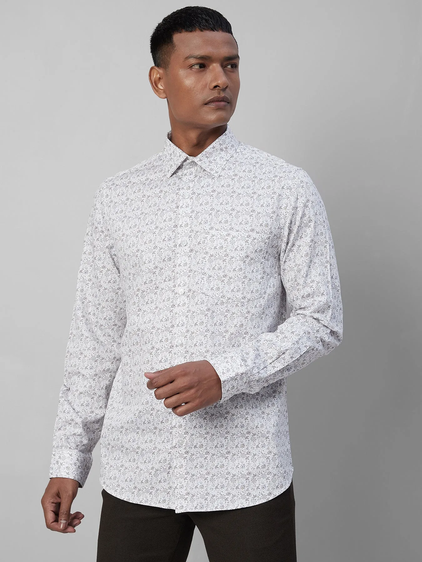 100% COTTON White Slim Fit Full Sleeve Formal Mens Printed Shirt