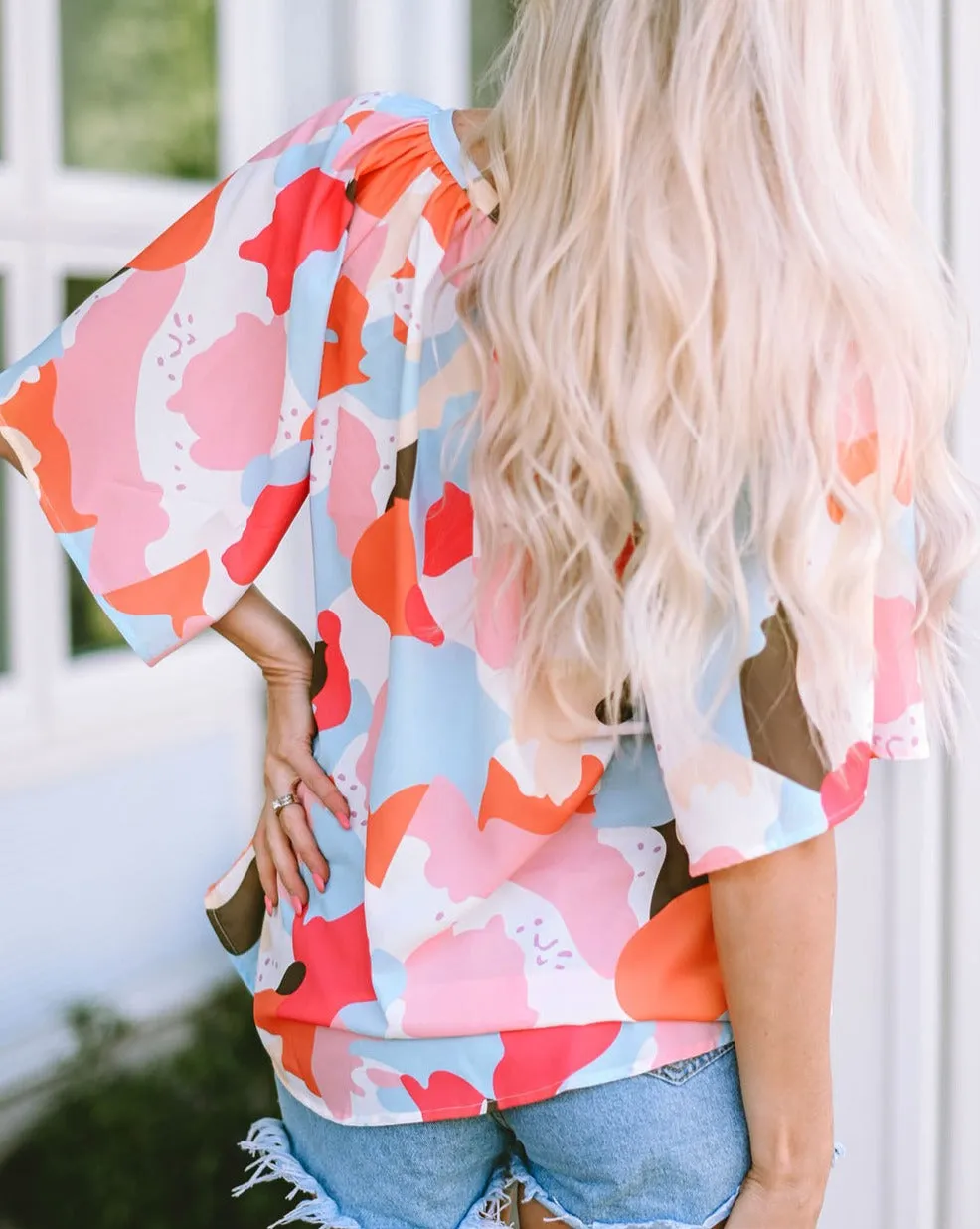 Abstract Short Sleeve V-Neck Blouse