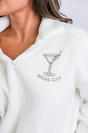 After Hours Ivory and Taupe Social Club Martini Embroidered Fleece Pullover SALE