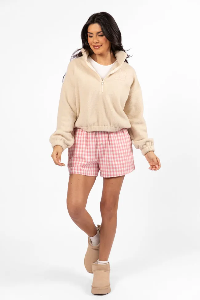 After Hours Mon Cheri Beige Embroidered Fleece Pullover