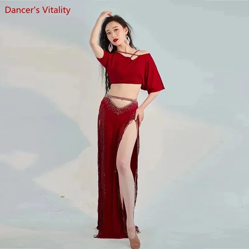 Belly Dance Professional Costumes Set Female Shining Performance Clothing Short Sleeves Top long Skirt 2pcs Oriental Dance Wear