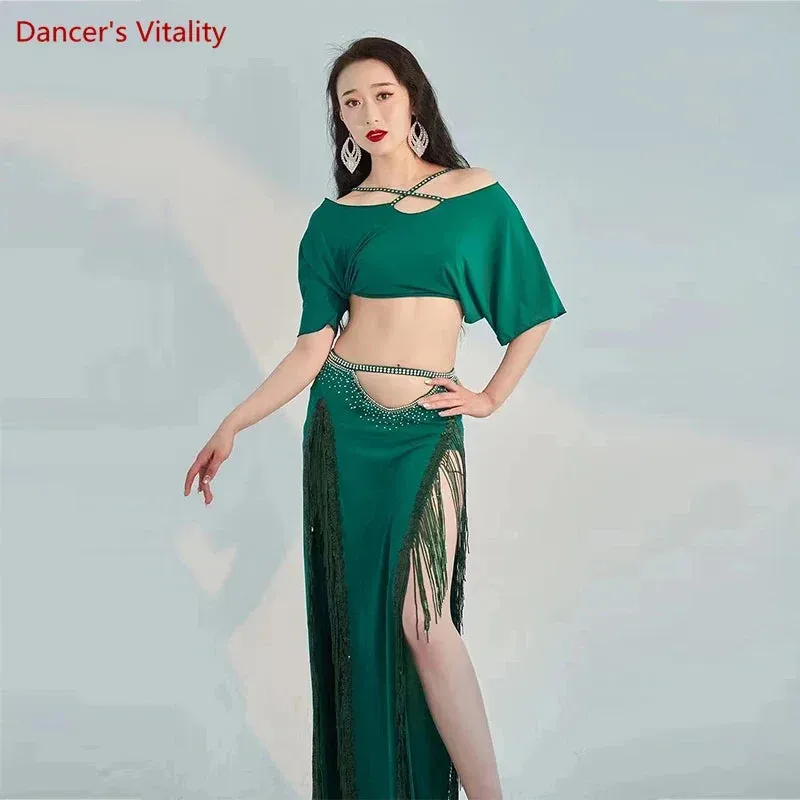 Belly Dance Professional Costumes Set Female Shining Performance Clothing Short Sleeves Top long Skirt 2pcs Oriental Dance Wear