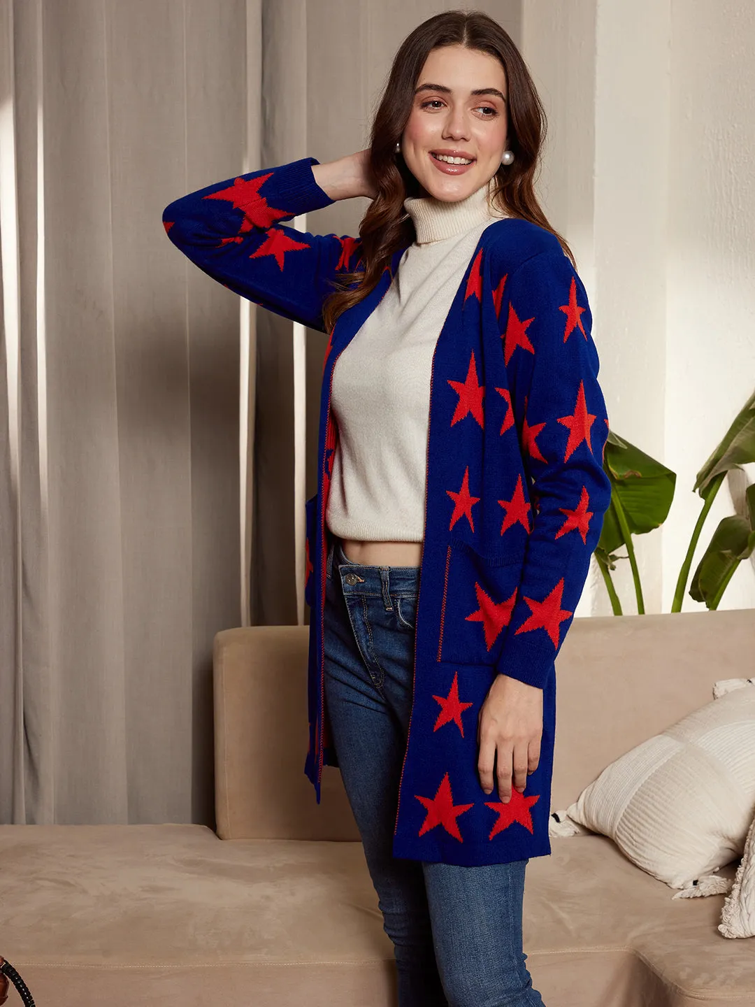 Berrylush Women Blue & Red Star Printed Two-Pocket Open-Front Acrylic Straight Hem Longline Cardigan