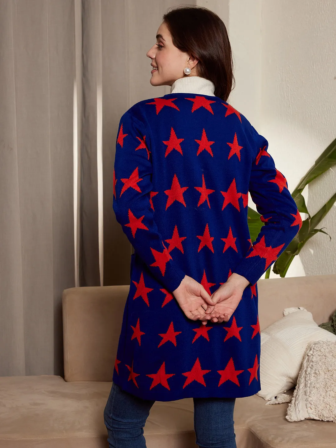 Berrylush Women Blue & Red Star Printed Two-Pocket Open-Front Acrylic Straight Hem Longline Cardigan