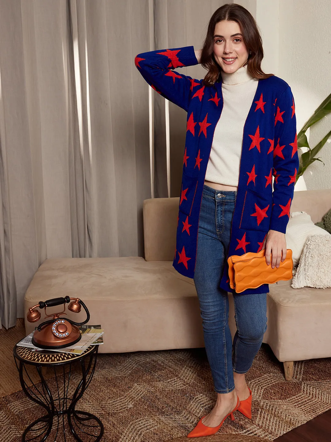 Berrylush Women Blue & Red Star Printed Two-Pocket Open-Front Acrylic Straight Hem Longline Cardigan