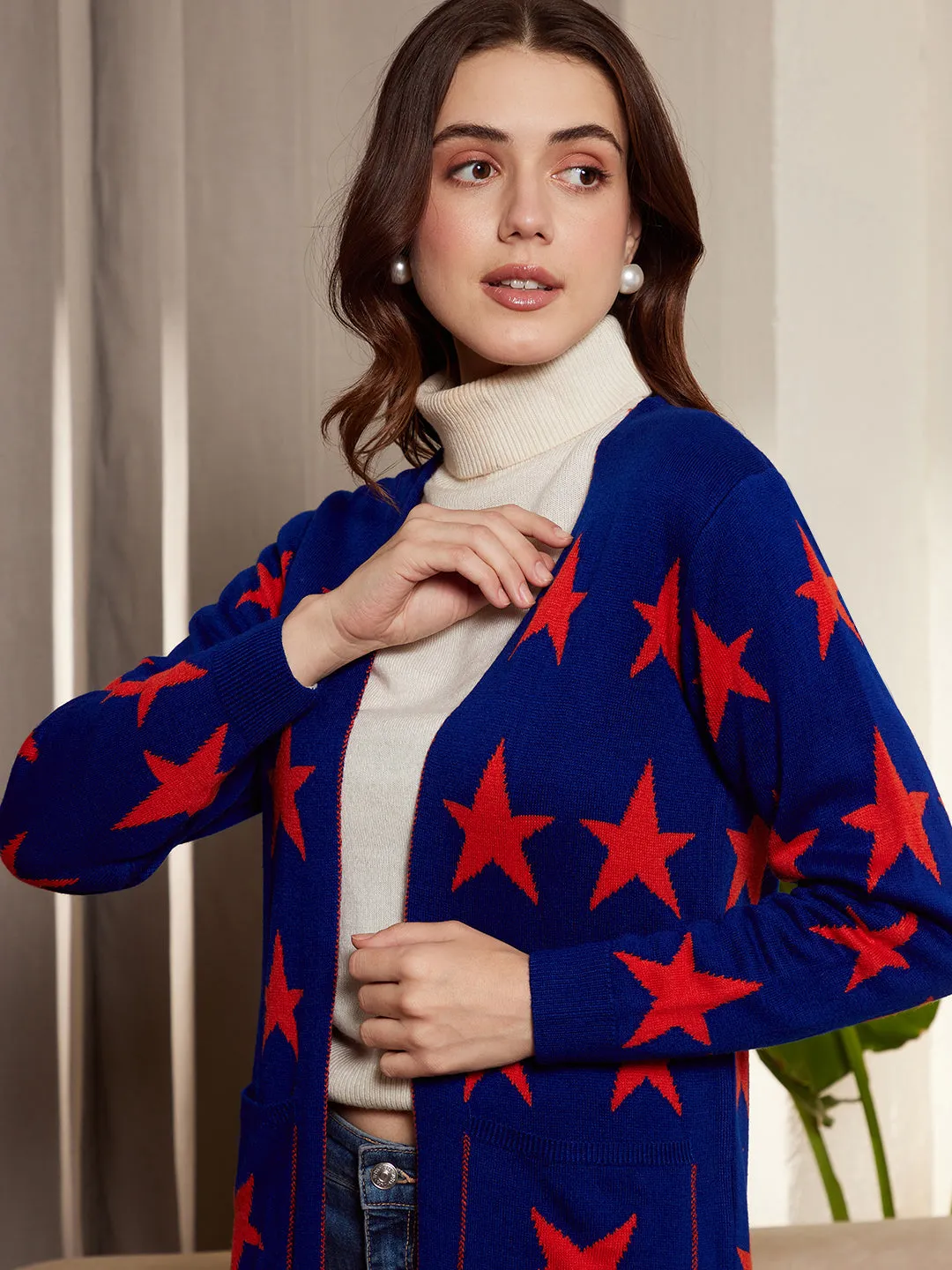 Berrylush Women Blue & Red Star Printed Two-Pocket Open-Front Acrylic Straight Hem Longline Cardigan