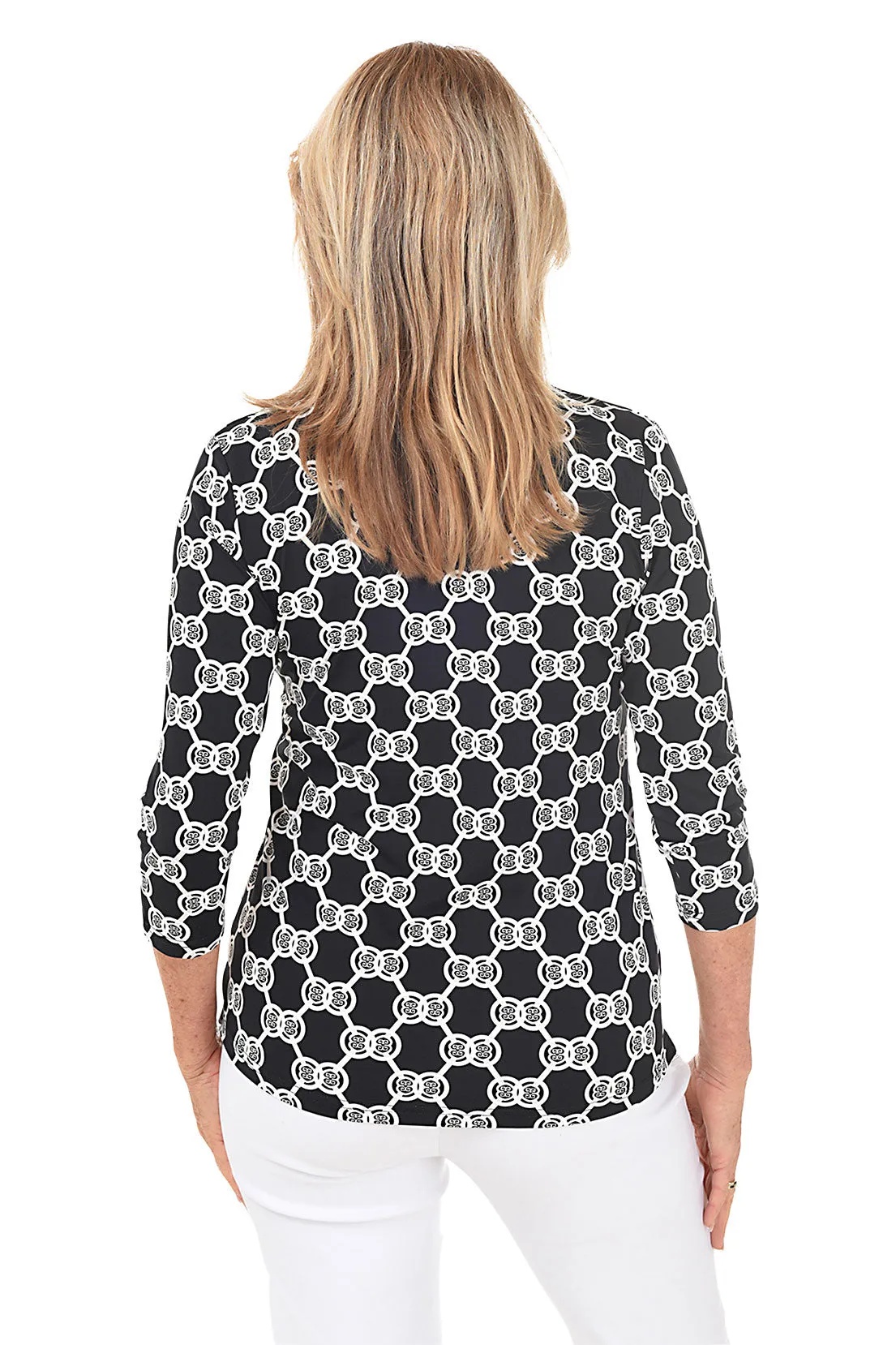 Black Double Medallion Classic UPF50  V-Neck Top