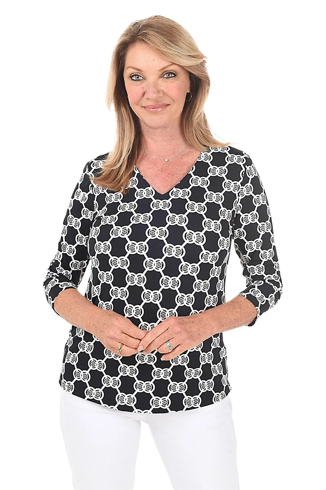 Black Double Medallion Classic UPF50  V-Neck Top