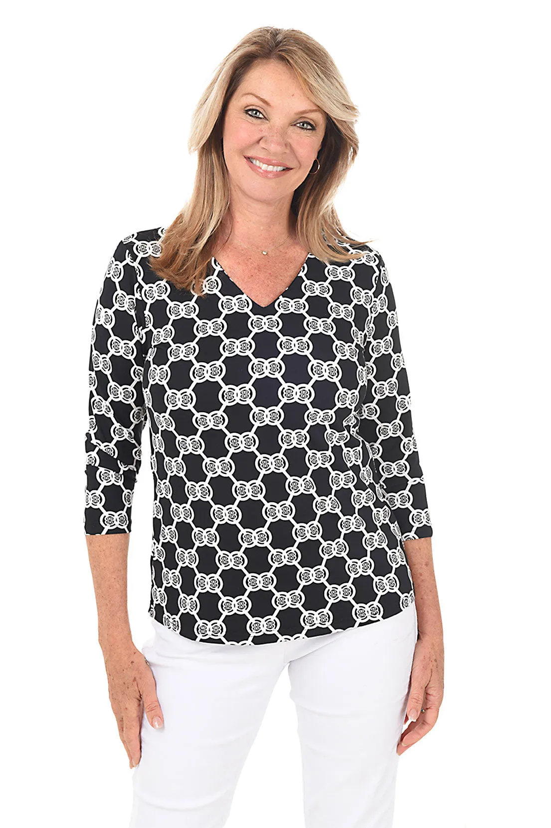 Black Double Medallion Classic UPF50  V-Neck Top