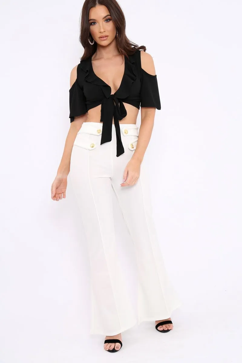 Black Tie Front Cold Shoulder Crepe Crop Top - Dalia