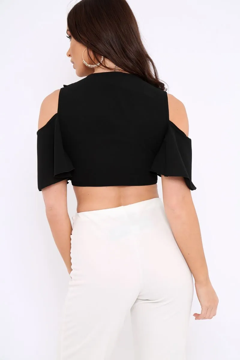 Black Tie Front Cold Shoulder Crepe Crop Top - Dalia