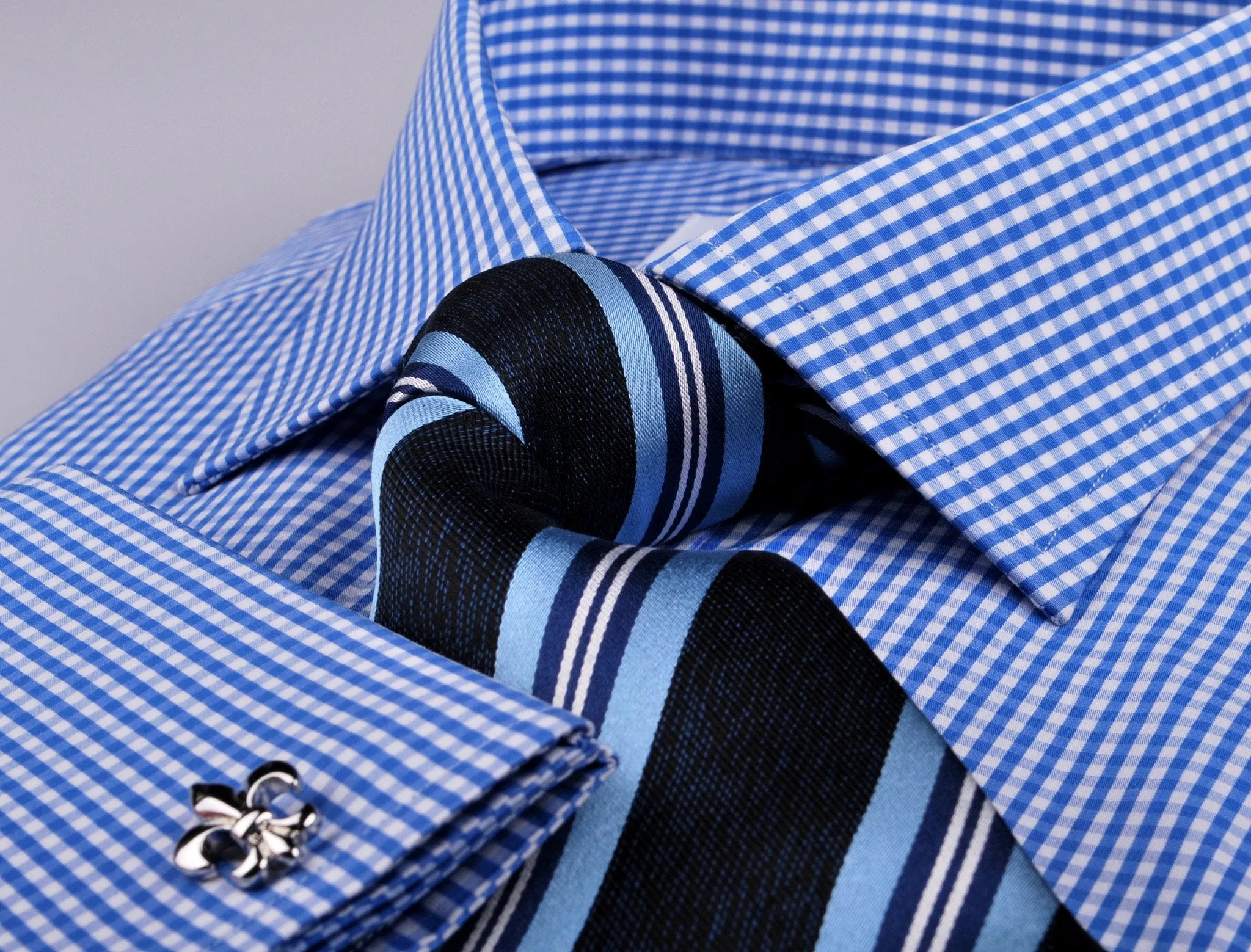 Blue Easy Iron Gingham Check Formal Business Dress Shirt Luxury Designer Fashion