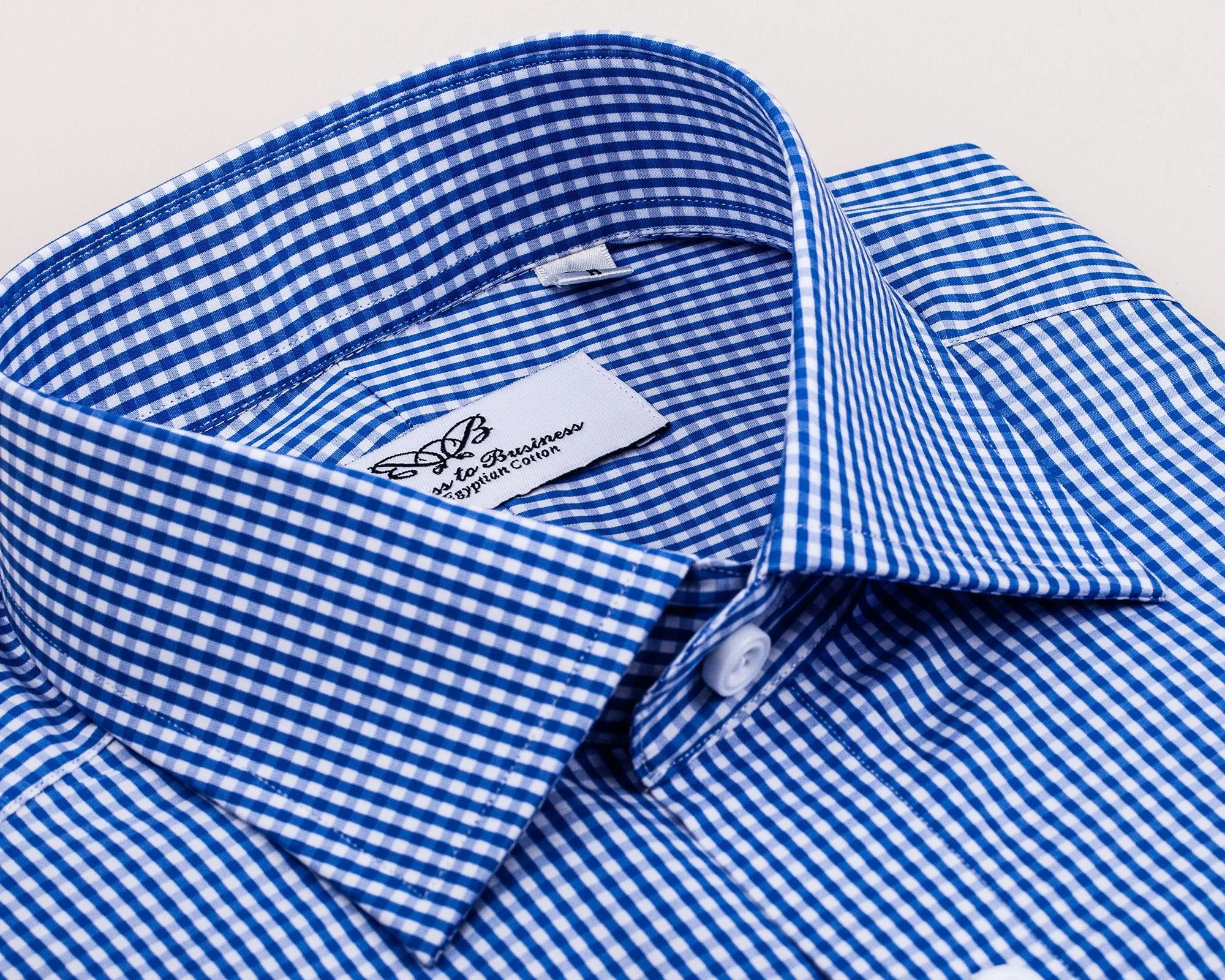 Blue Easy Iron Gingham Check Formal Business Dress Shirt Luxury Designer Fashion