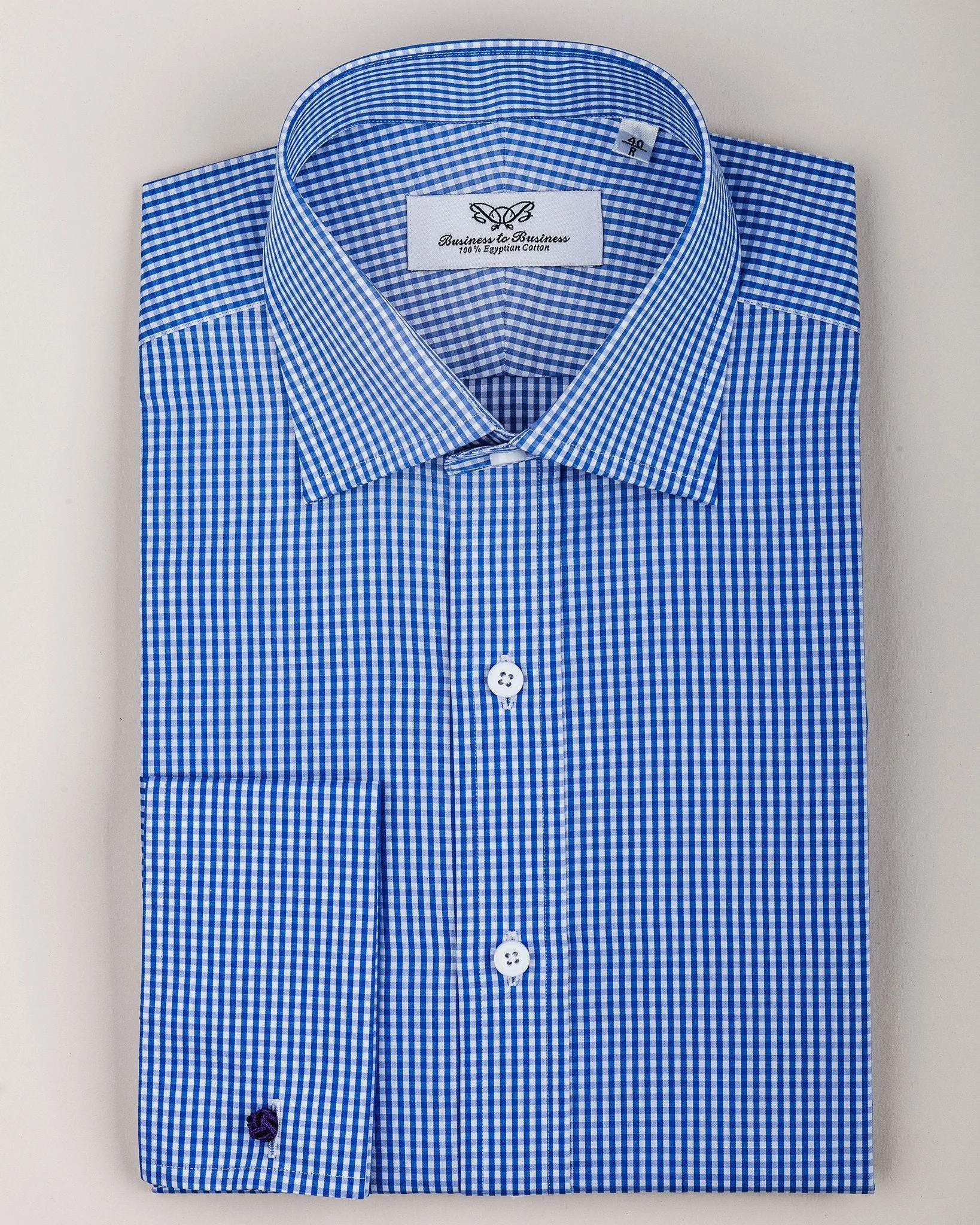 Blue Easy Iron Gingham Check Formal Business Dress Shirt Luxury Designer Fashion