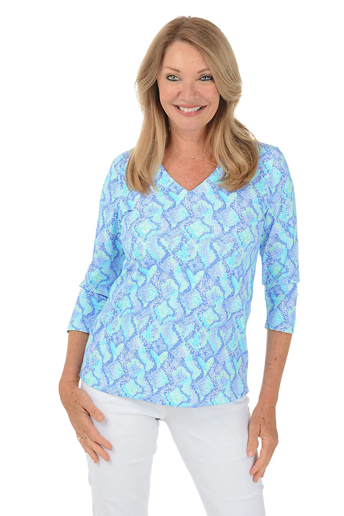 Blue Snake Hearts Classic UPF50  V-Neck Top