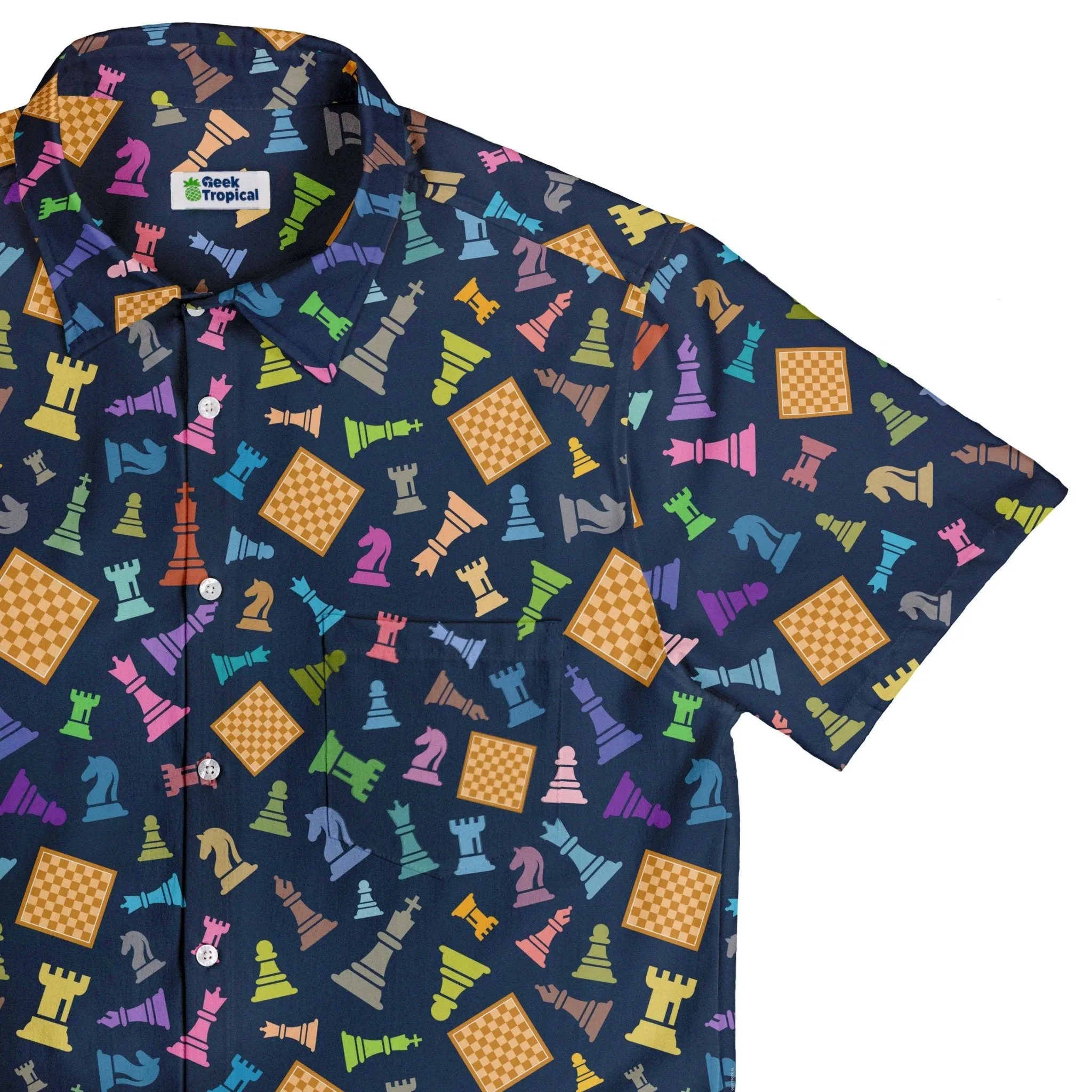 Chess Colorful Pieces Board Blue Button Up Shirt