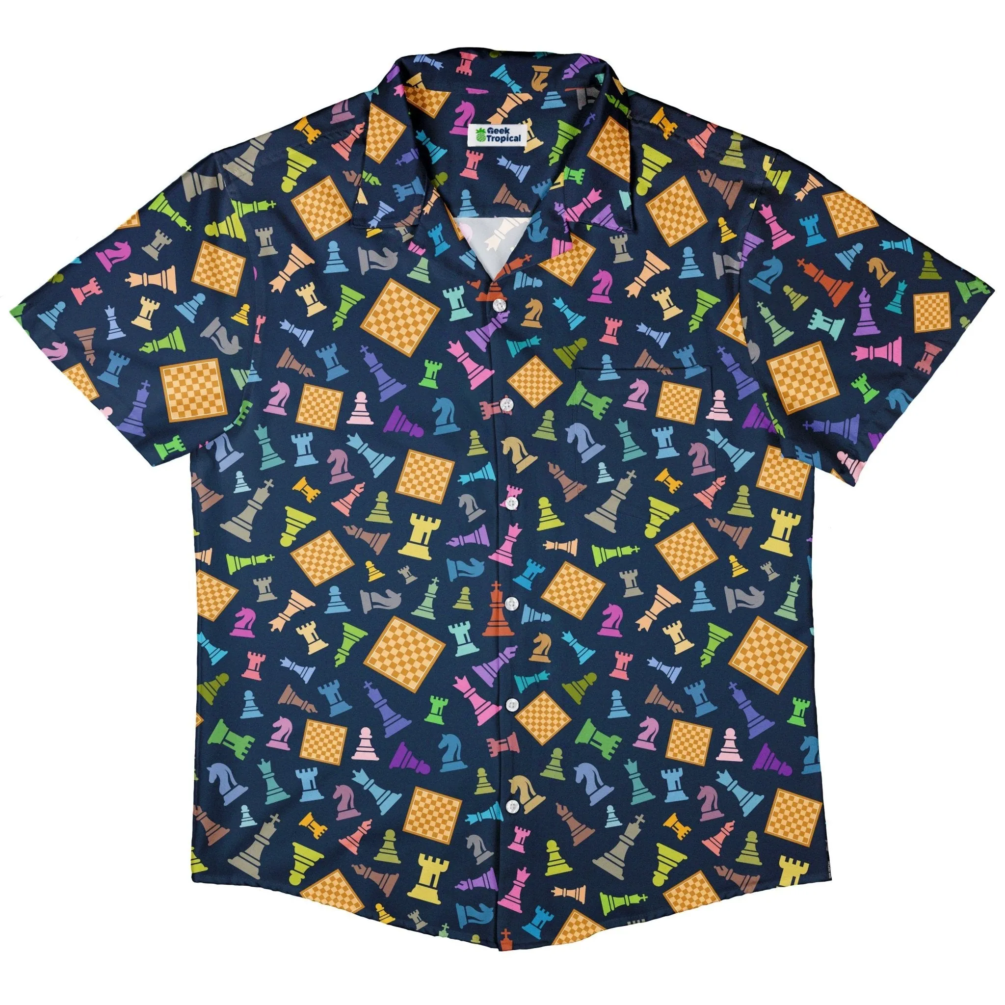 Chess Colorful Pieces Board Blue Button Up Shirt