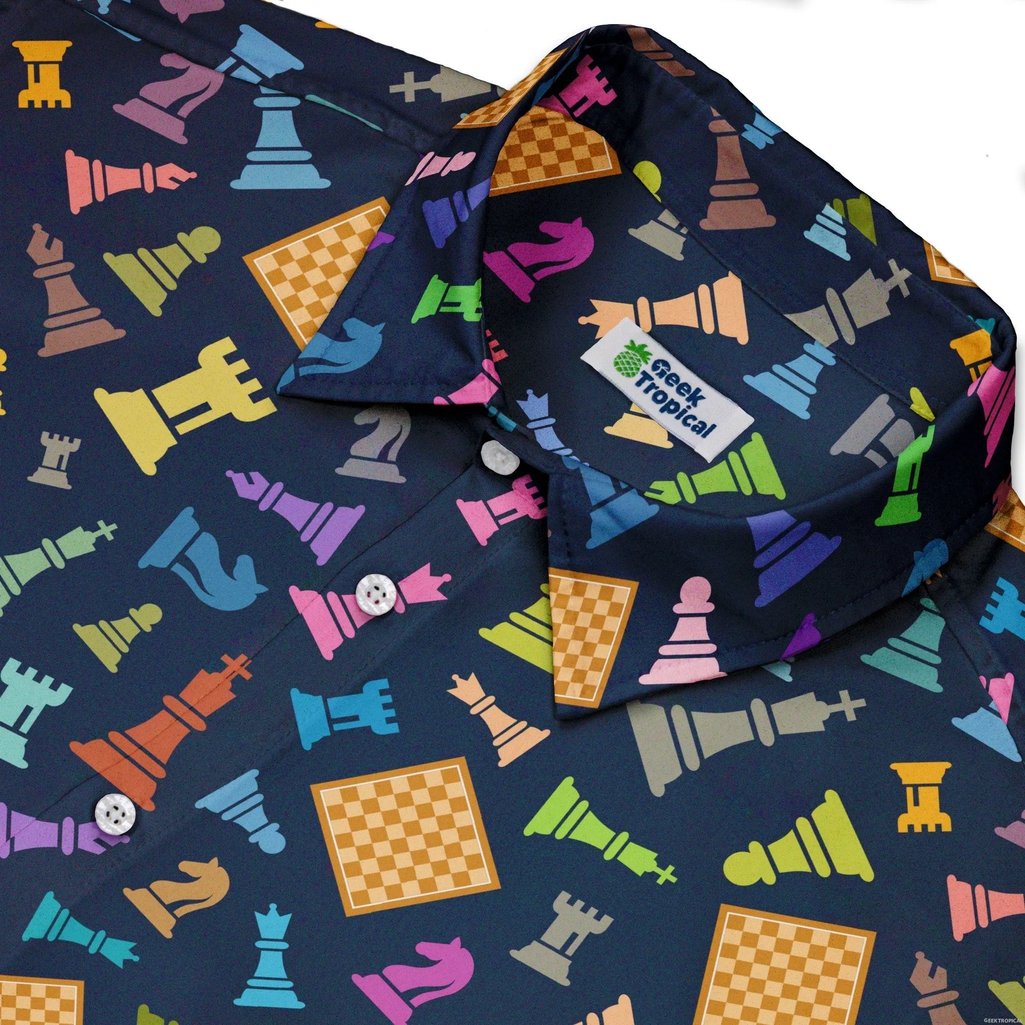 Chess Colorful Pieces Board Blue Button Up Shirt