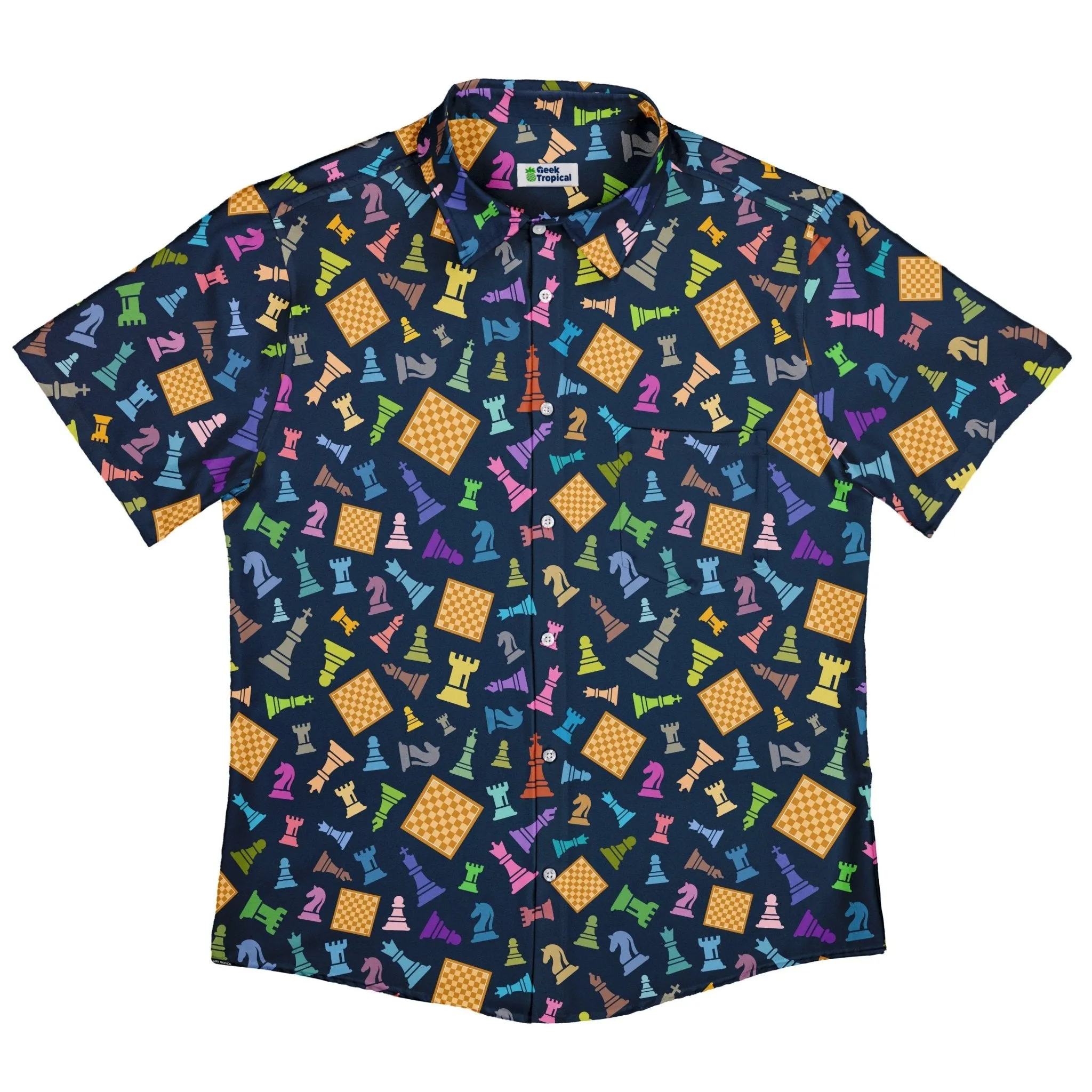 Chess Colorful Pieces Board Blue Button Up Shirt