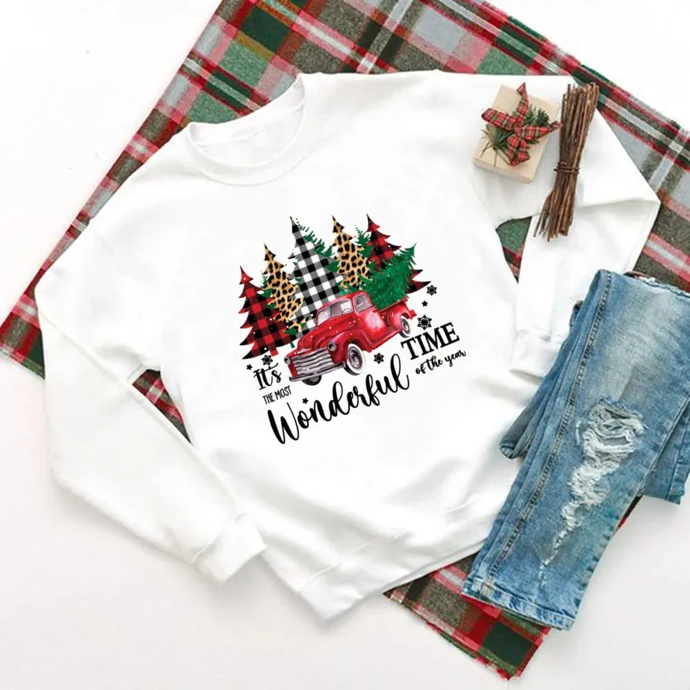 Christmas Hoodie - Wonderful Time Printed Party Holiday Sweater Xmas Outfit