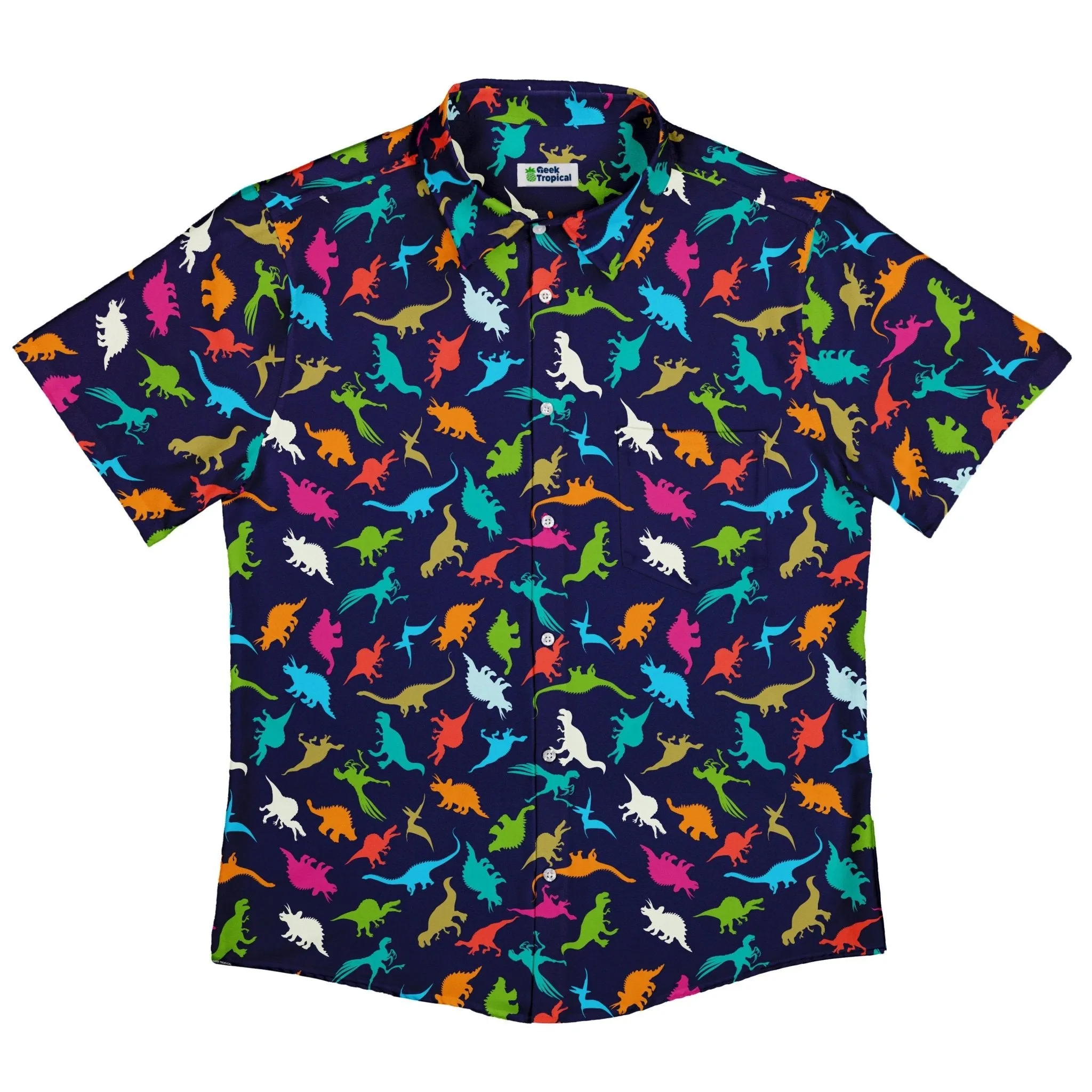 Colorful Dinosaur Silhouettes Navy Button Up Shirt