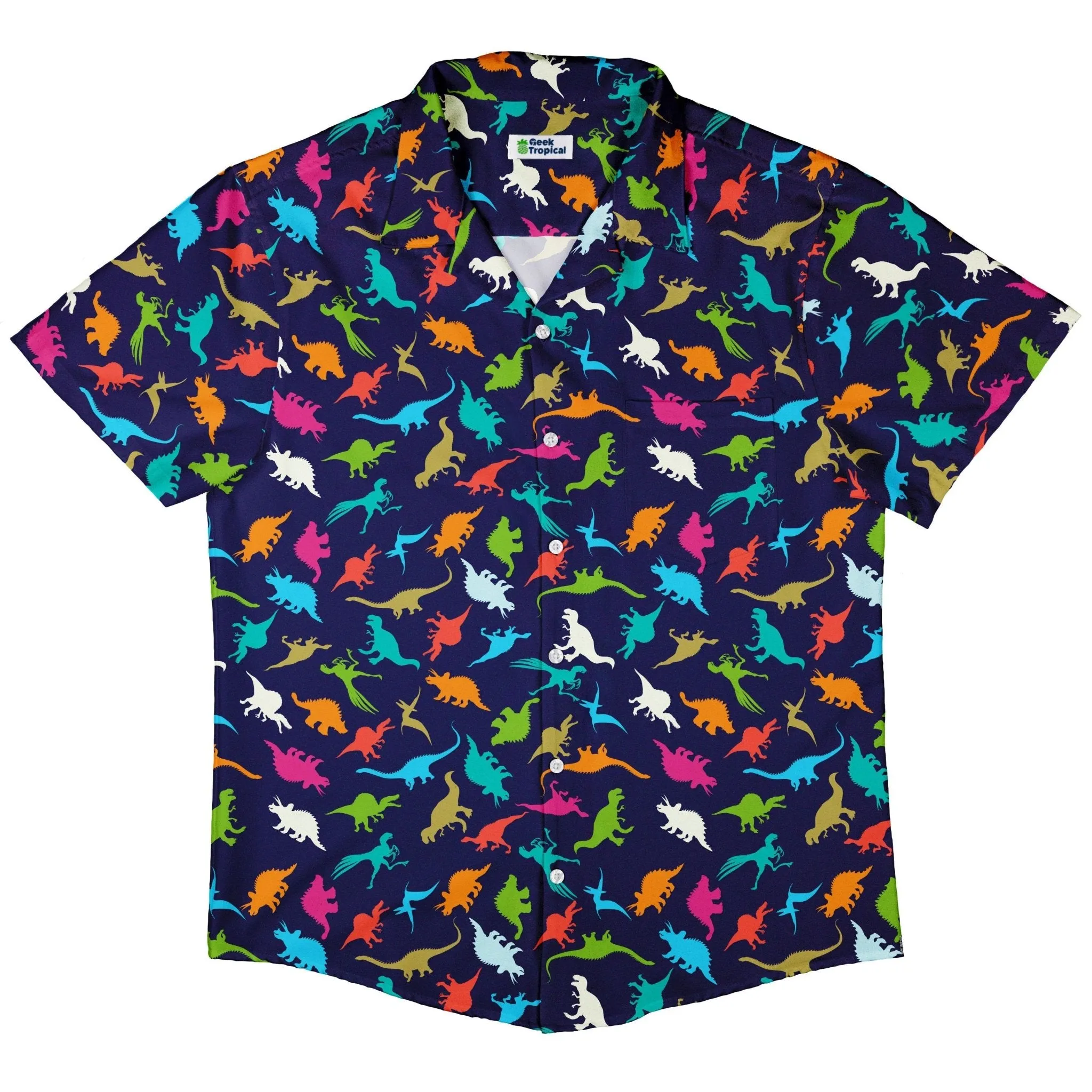 Colorful Dinosaur Silhouettes Navy Button Up Shirt