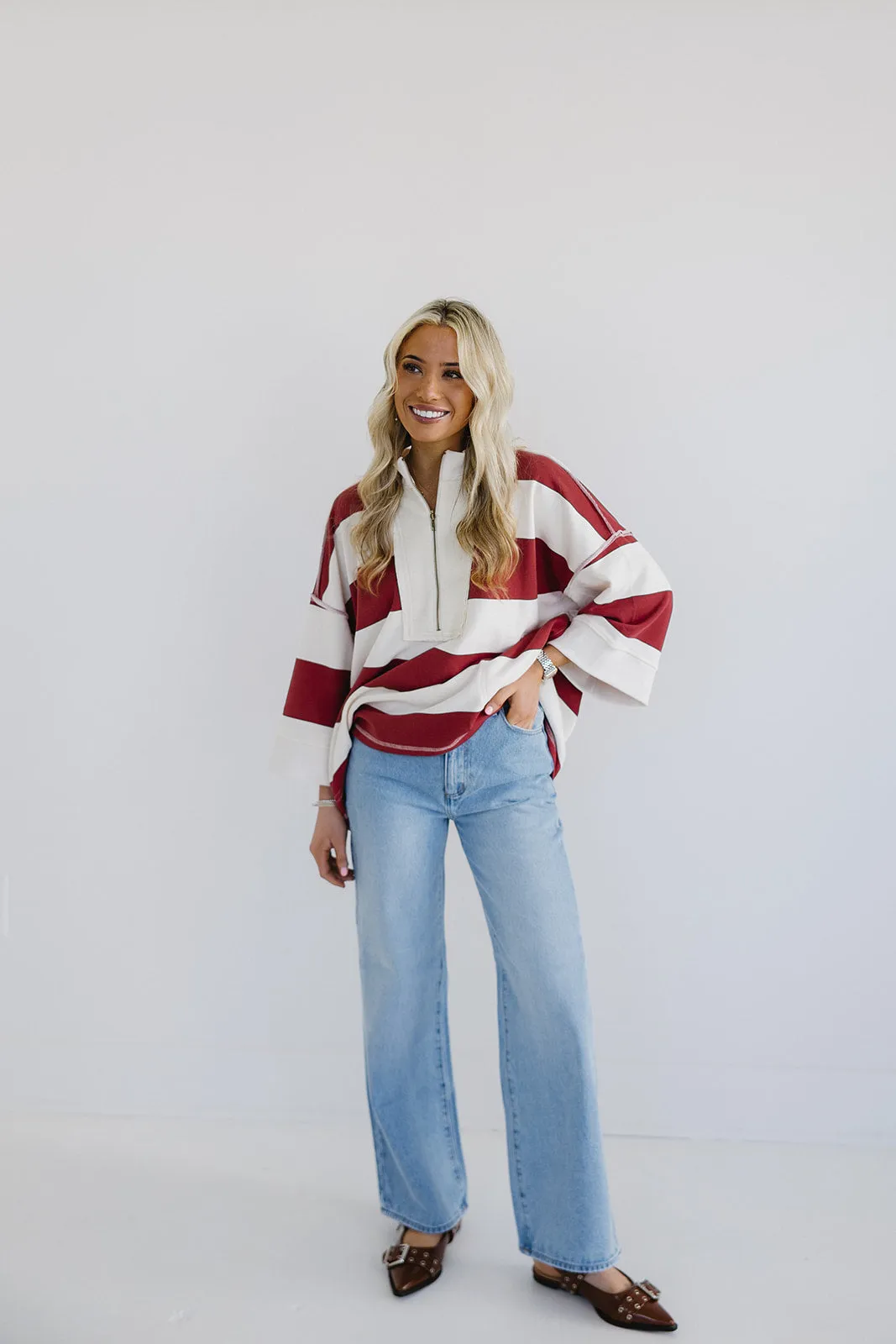 Cooler Weather Pullover Top - Cream/Burgundy