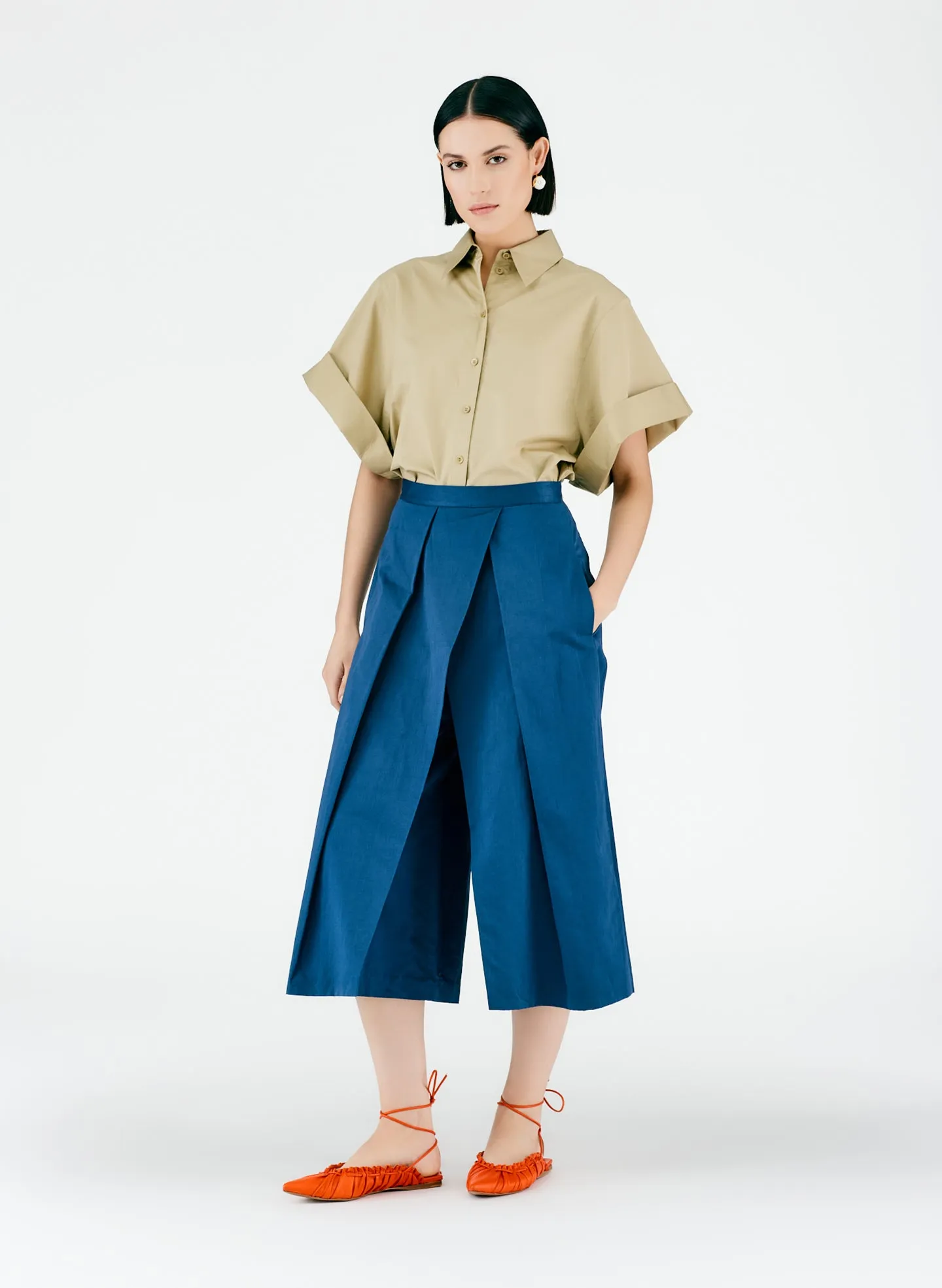 Cotton Linen Sateen Pleat Culotte