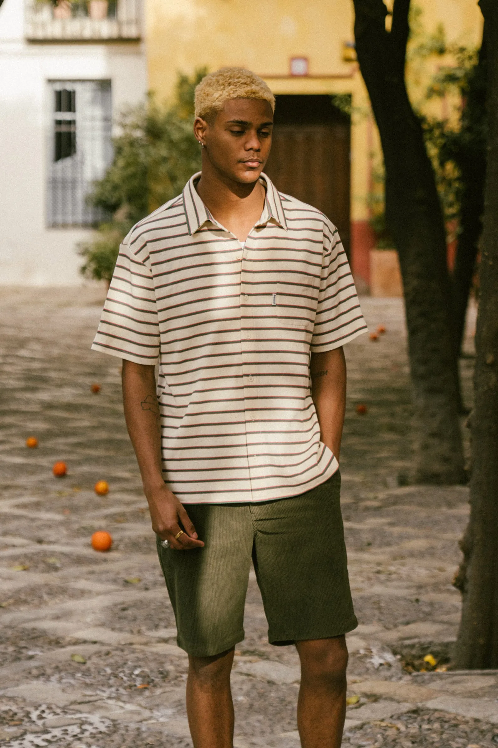 ECRU STRIPE WAFFLE POLO SHIRT