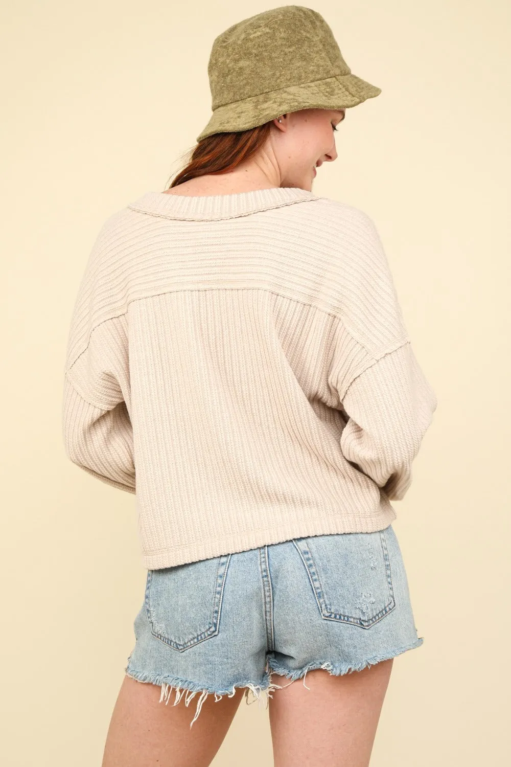 Exposed Seam V-Neck Ribbed Knit Top