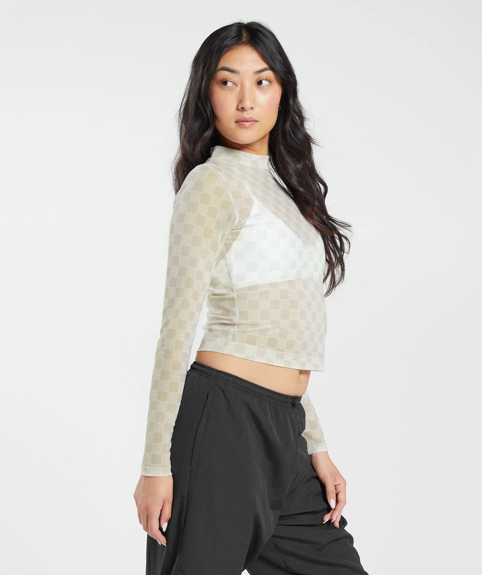 Gymshark Monogram Mesh Long Sleeve Top - Vanilla White