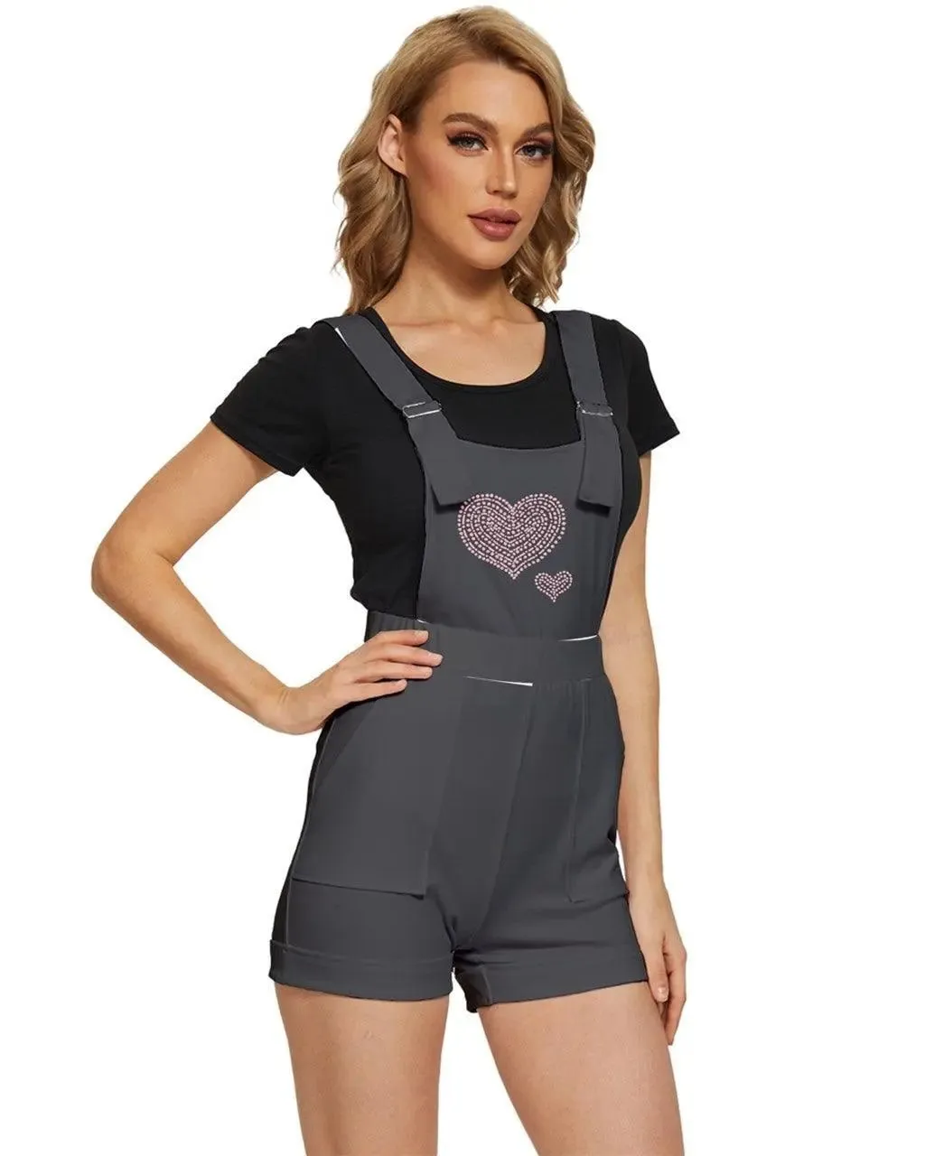 Heart Pink Short Overalls - Royal Gray