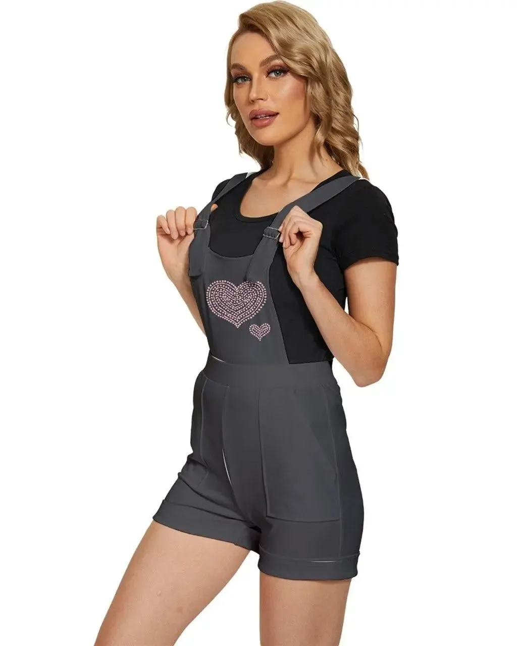 Heart Pink Short Overalls - Royal Gray