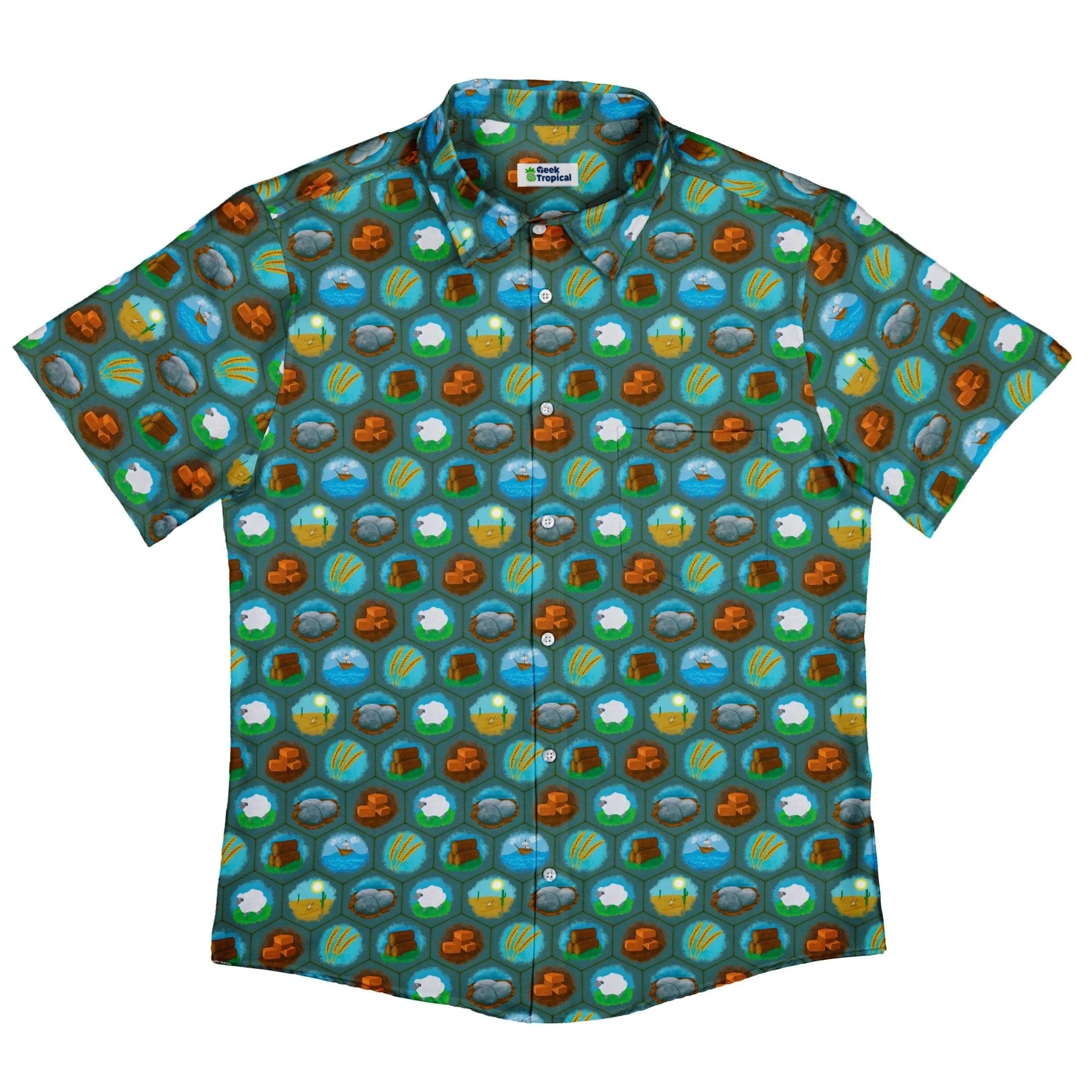 Hexagon Tile Game Symbols Button Up Shirt