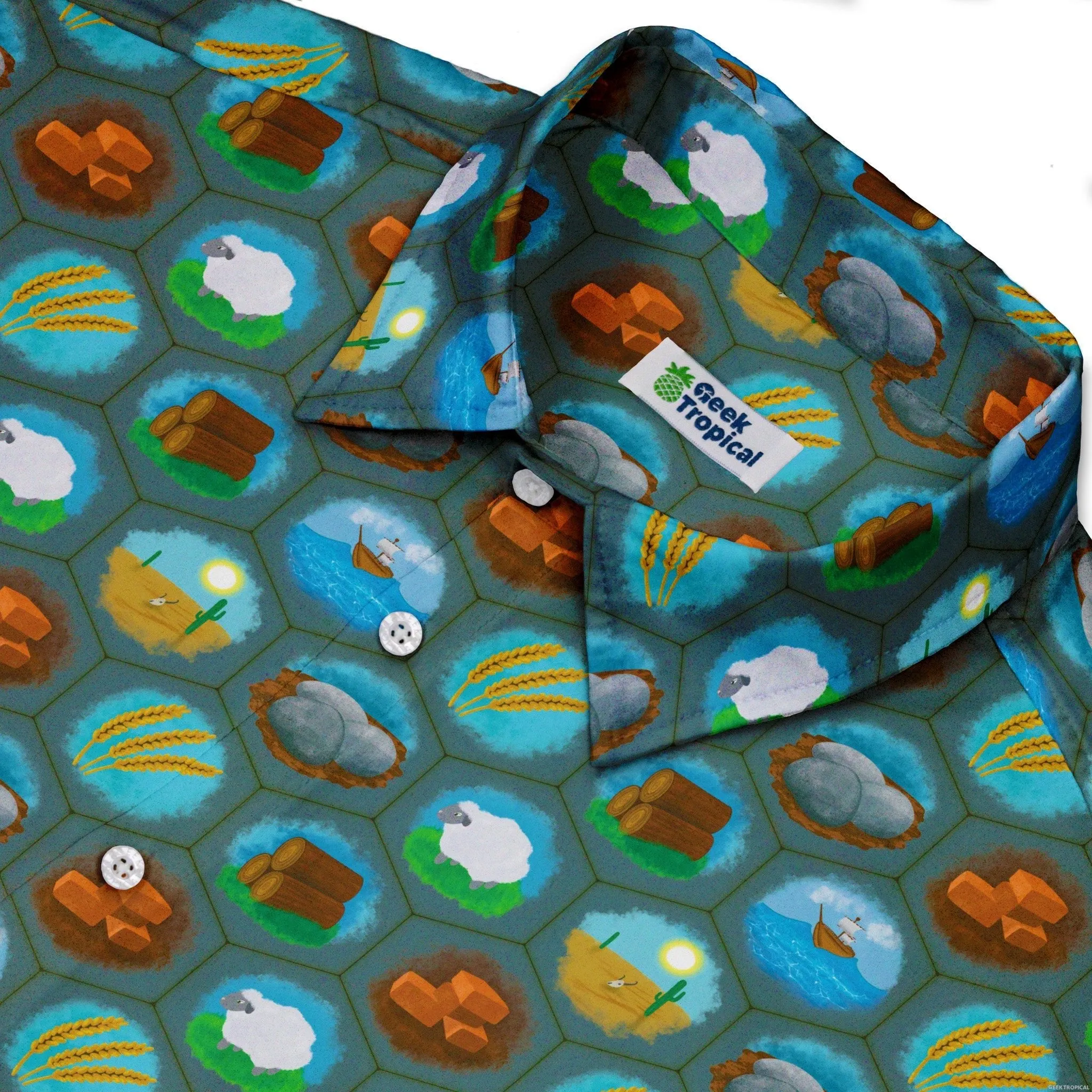 Hexagon Tile Game Symbols Button Up Shirt