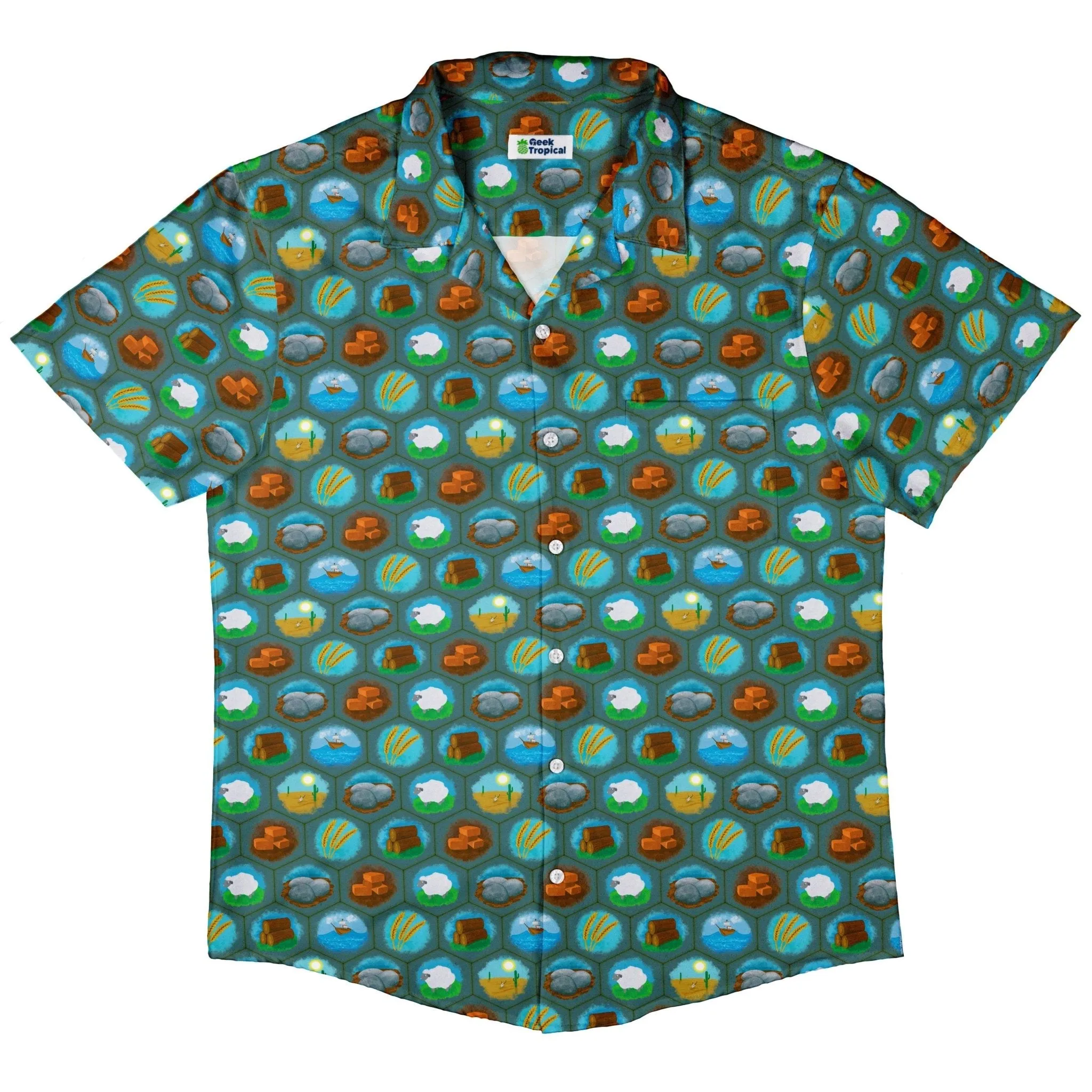 Hexagon Tile Game Symbols Button Up Shirt