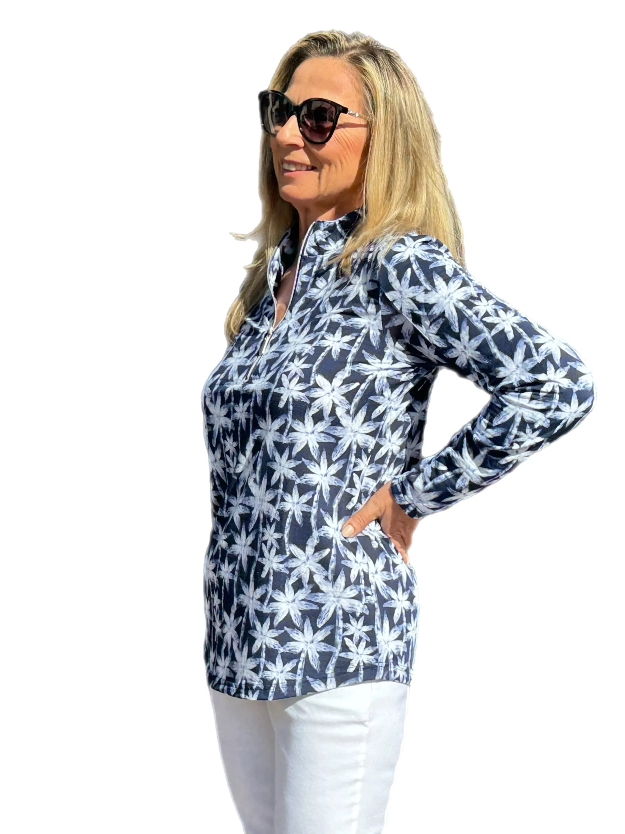 High Zip-Neck Long Sleeve Top with UPF50  Navy Palm Trees