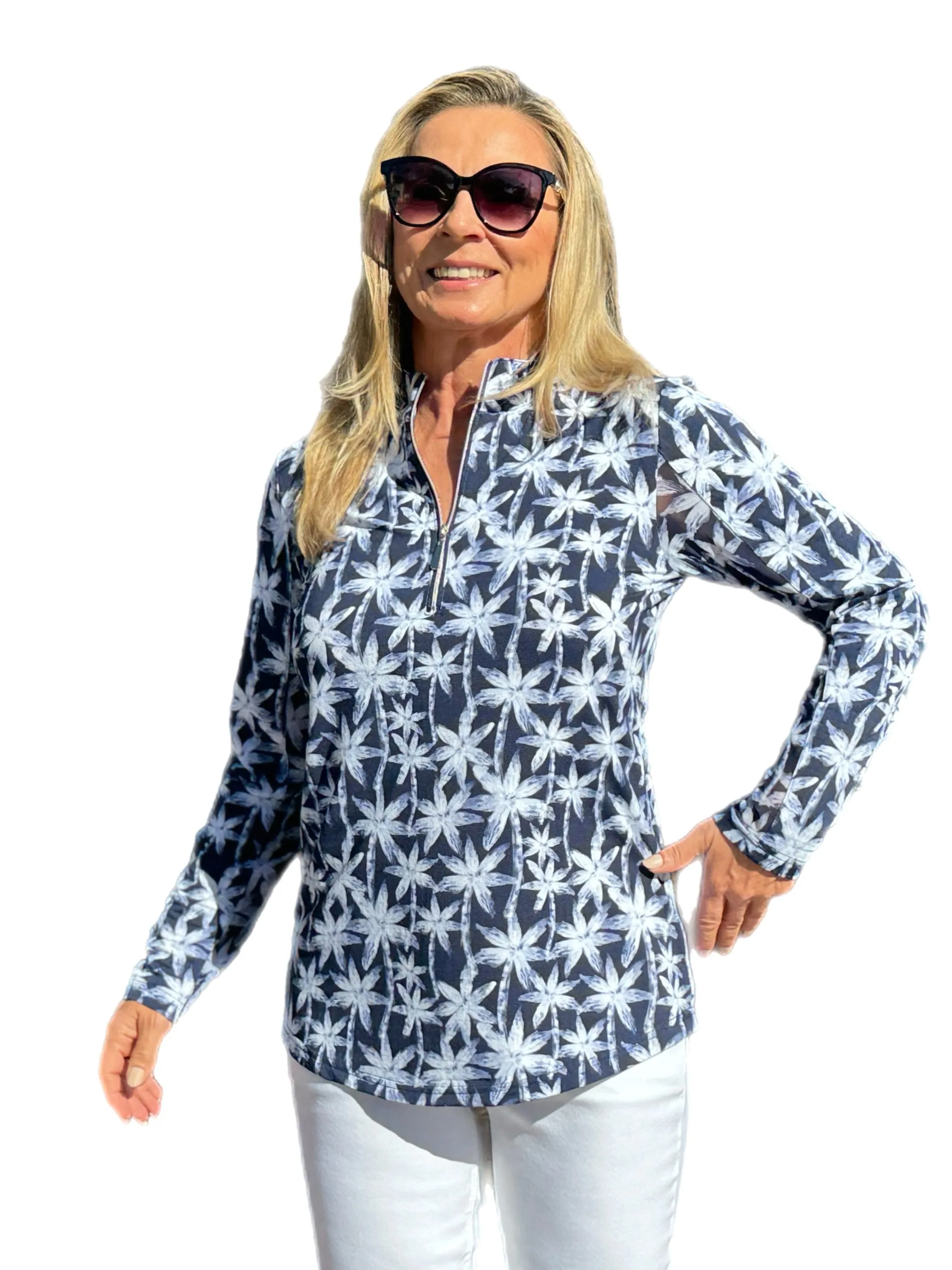 High Zip-Neck Long Sleeve Top with UPF50  Navy Palm Trees