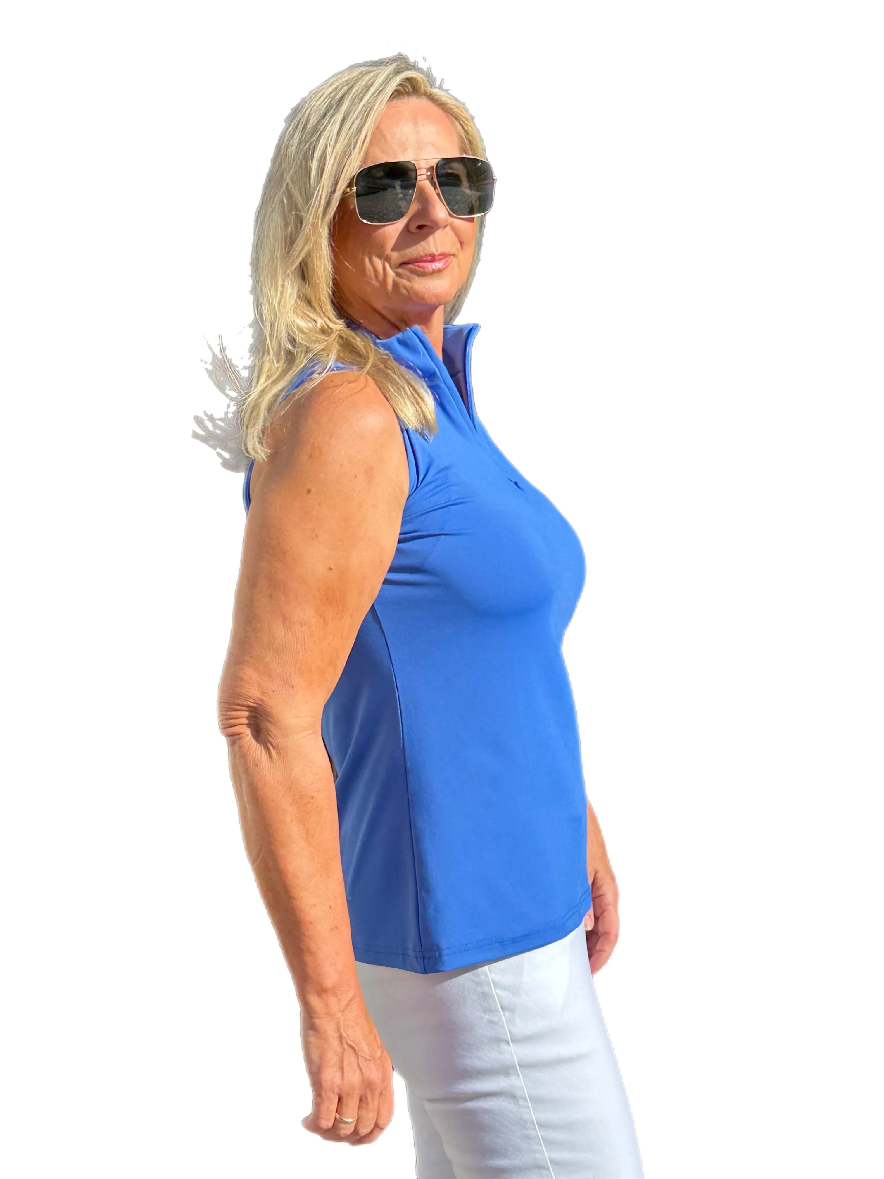 High Zip-Neck Sleeveless Top with UPF50  Blue