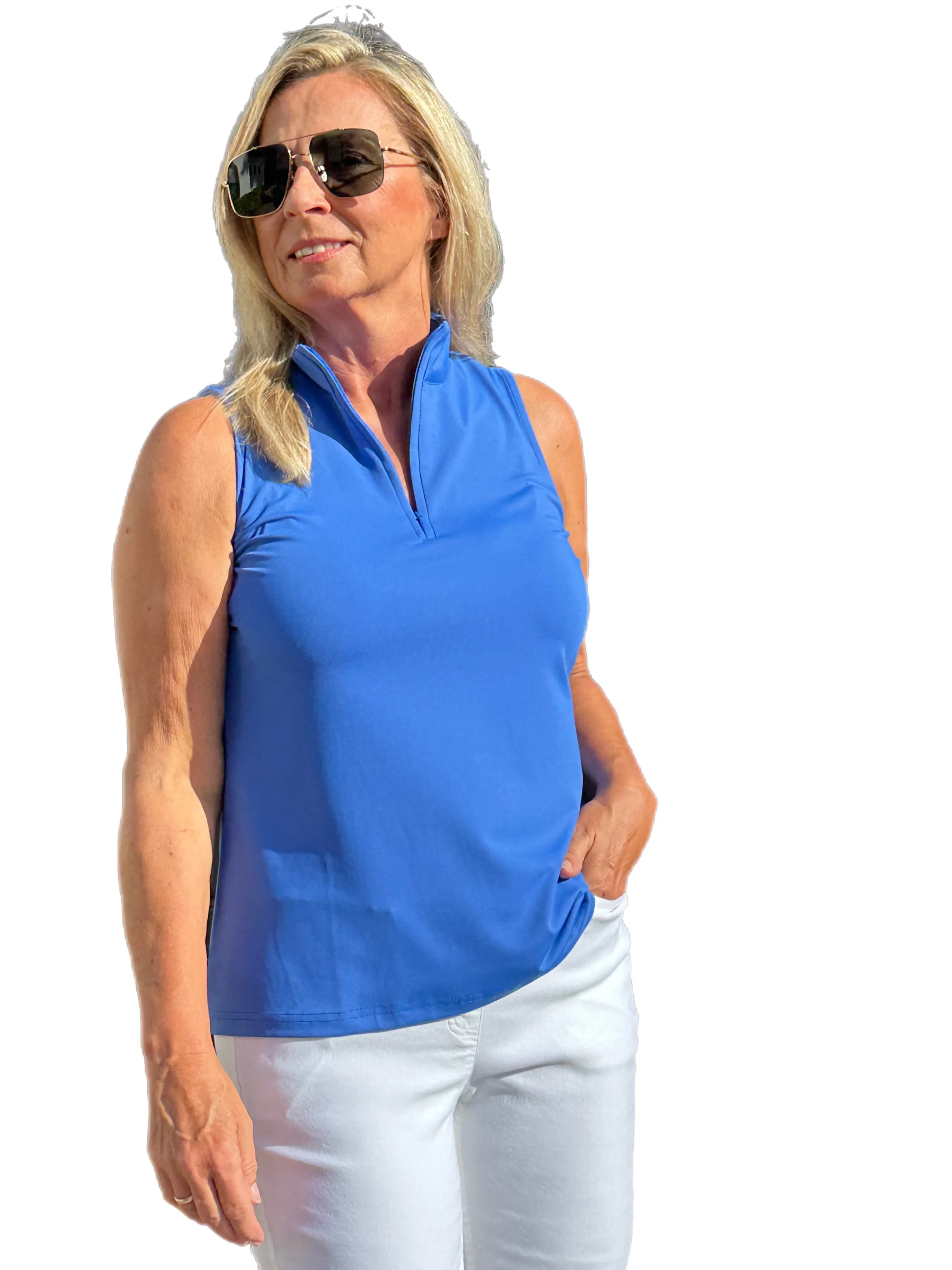 High Zip-Neck Sleeveless Top with UPF50  Blue