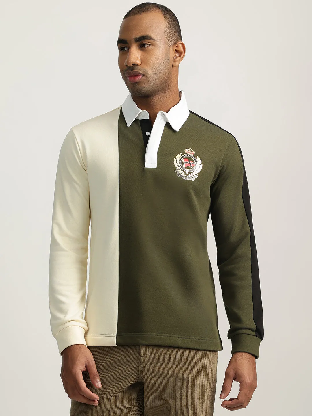 Iconic Men Green Color-Blocked Collared Full Sleeves Polo T-Shirt