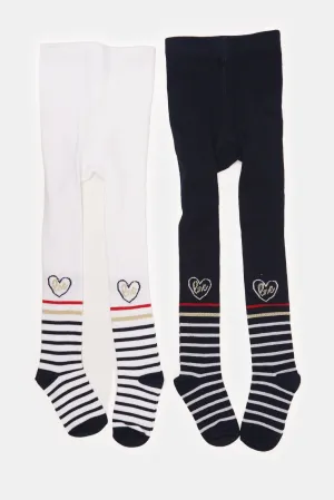 Infant Girls White And Black Jacquard Tights Set (2 Piece)