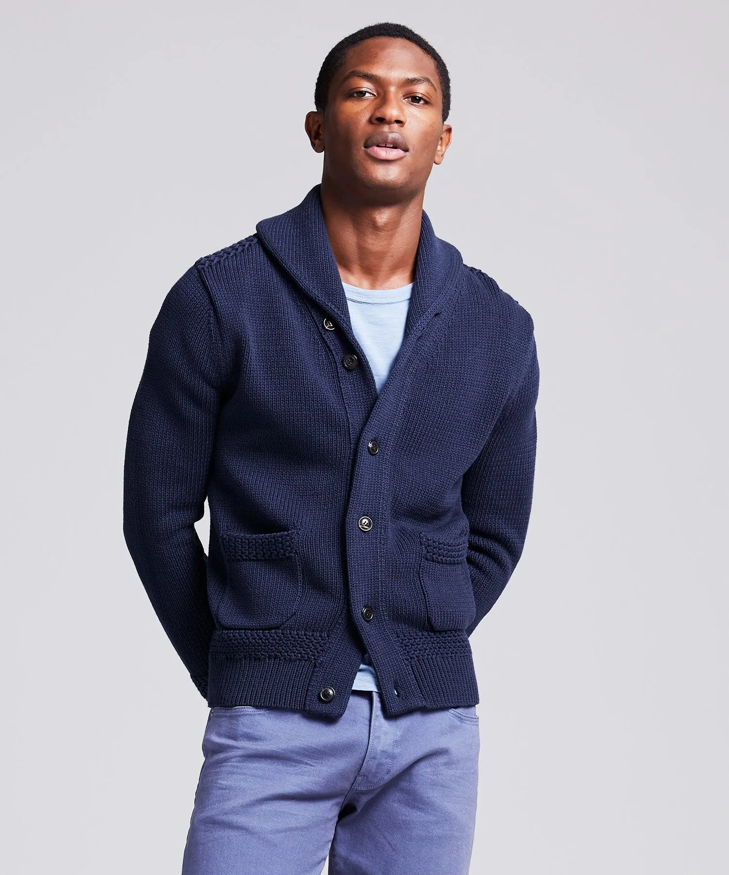 Italian Cotton Linen Shawl Cardigan in Navy