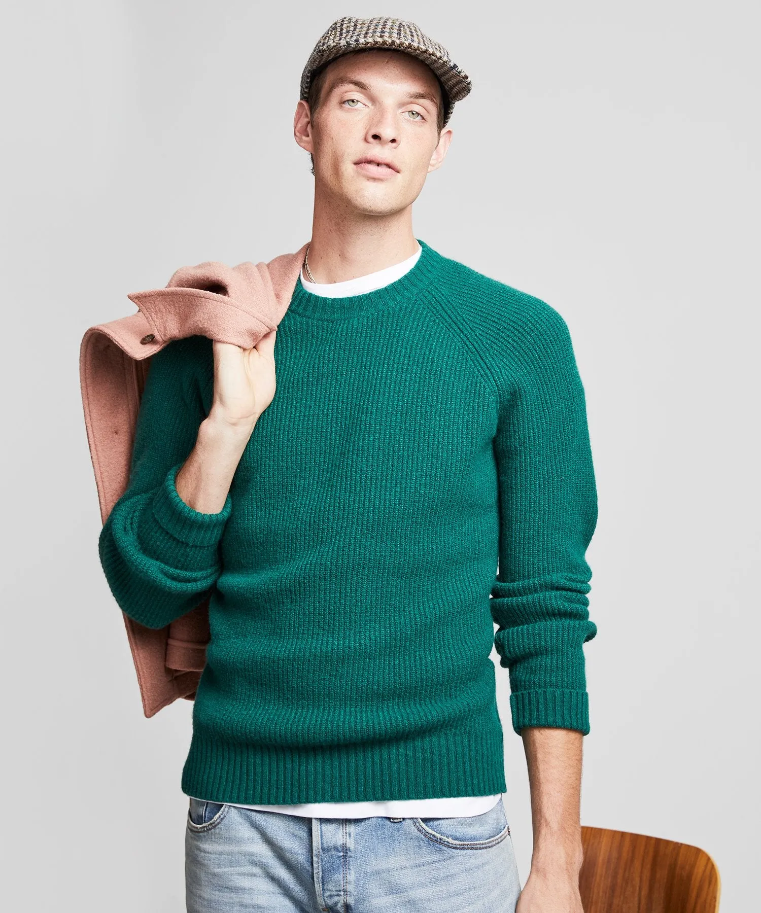 Italian Ribbed Raglan Crew in Hunter Green