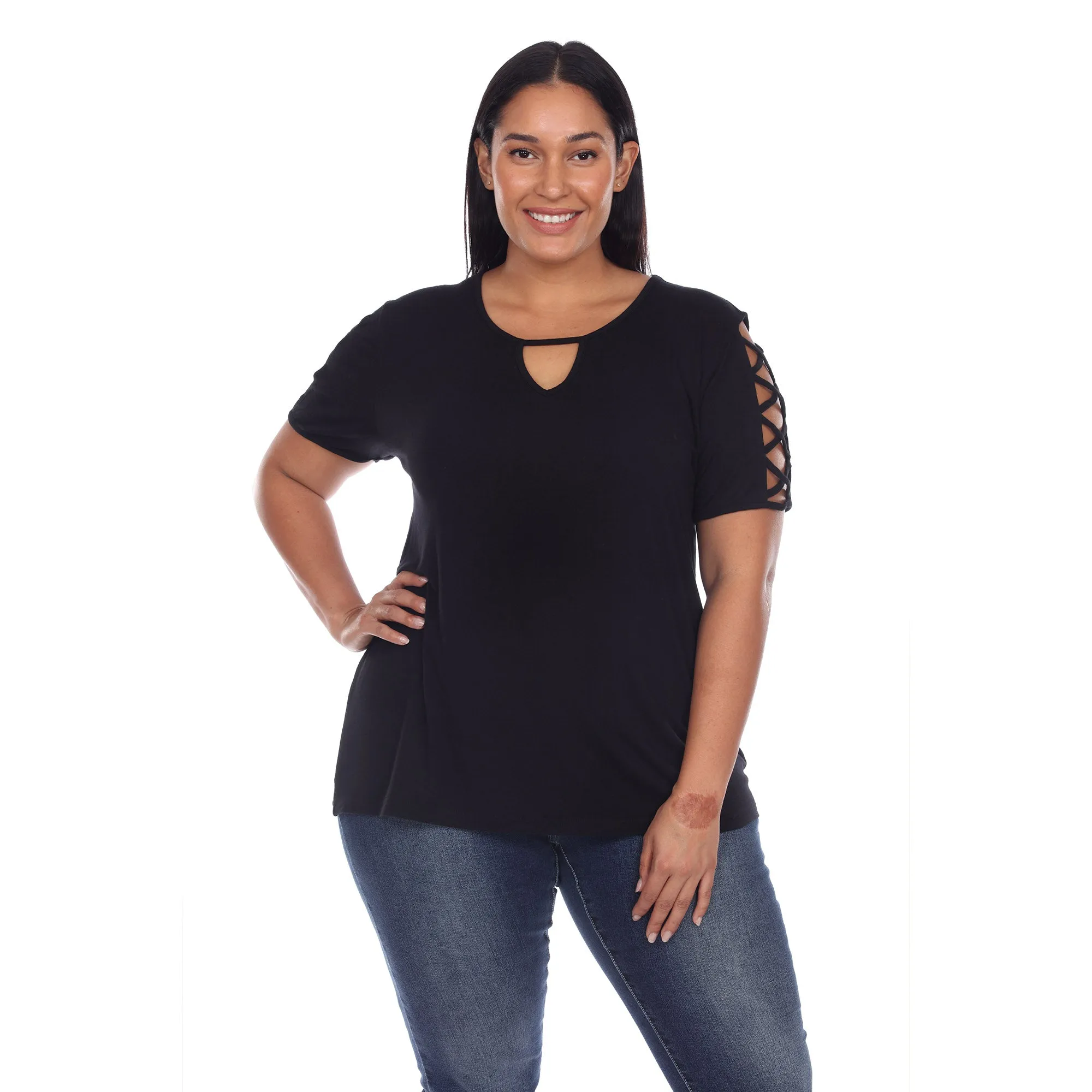 Keyhole Neck Cutout Short Sleeve Top - Plus