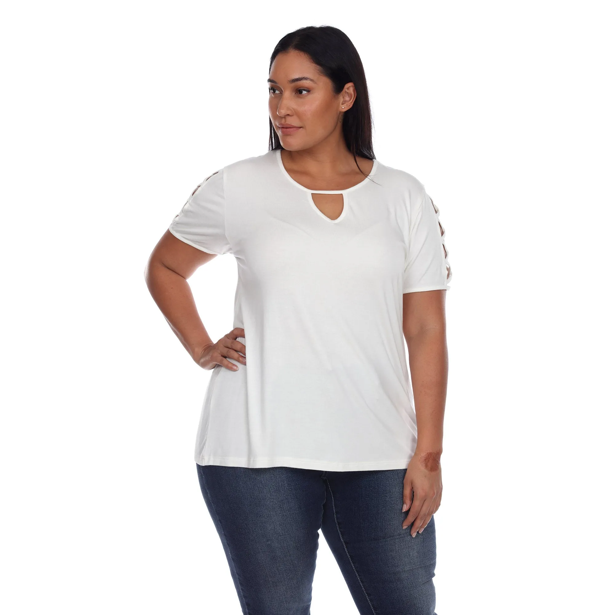 Keyhole Neck Cutout Short Sleeve Top - Plus