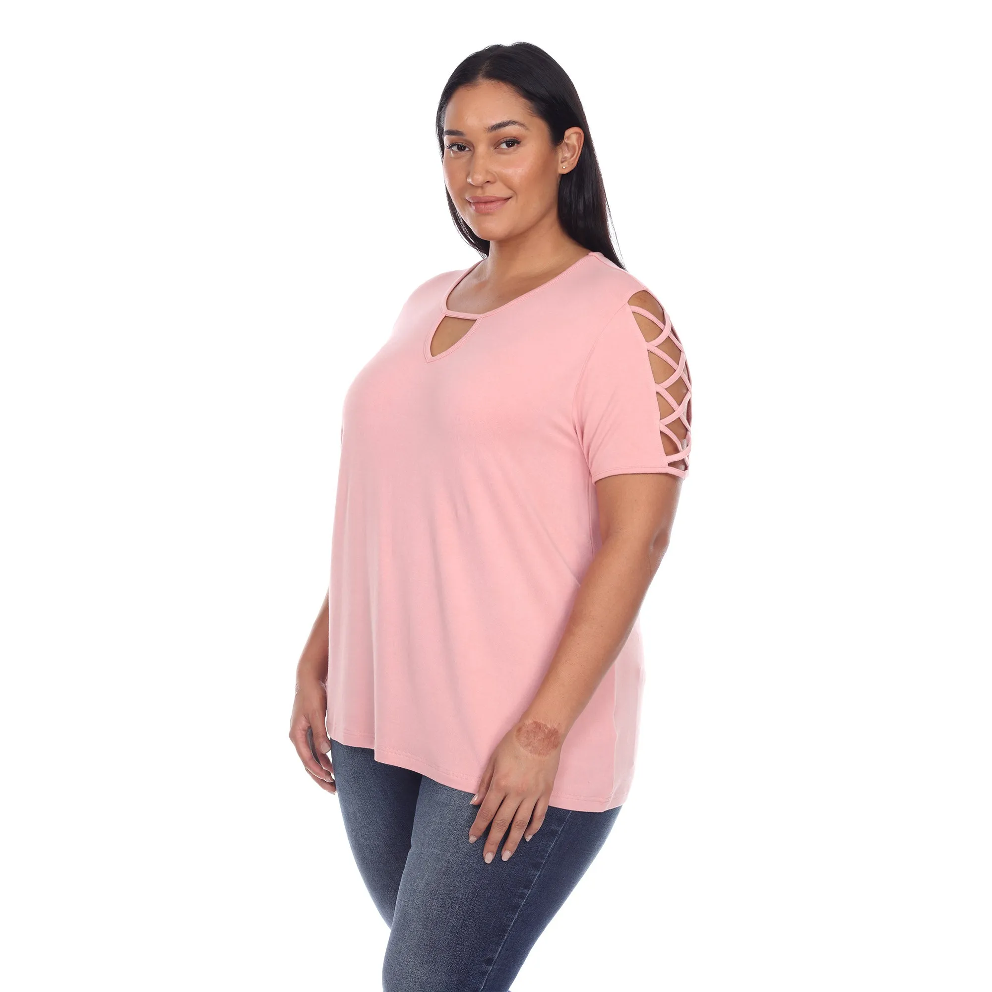 Keyhole Neck Cutout Short Sleeve Top - Plus