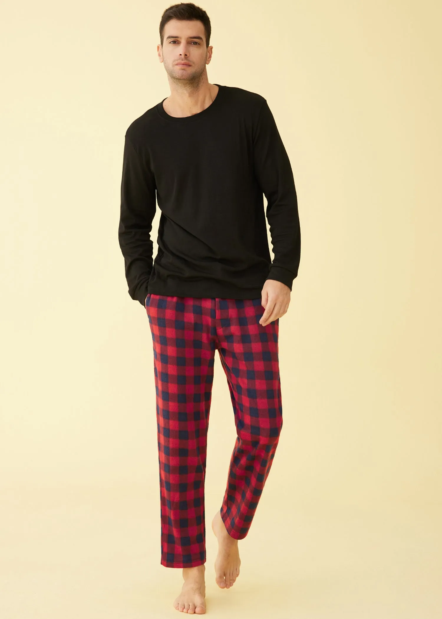 Men's Long Sleeves Top Fleece Plaid Pants Pajama Set