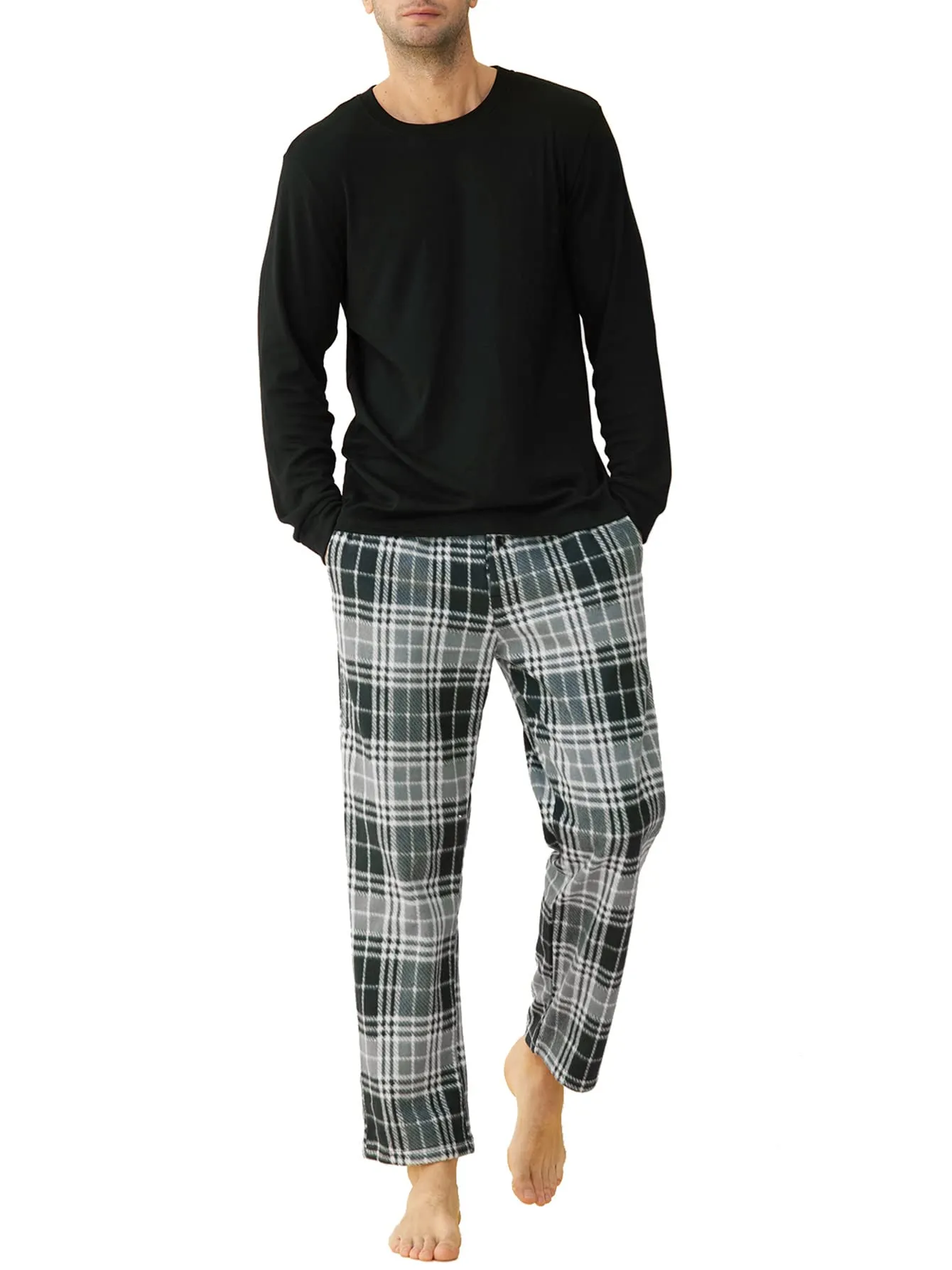 Men's Long Sleeves Top Fleece Plaid Pants Pajama Set