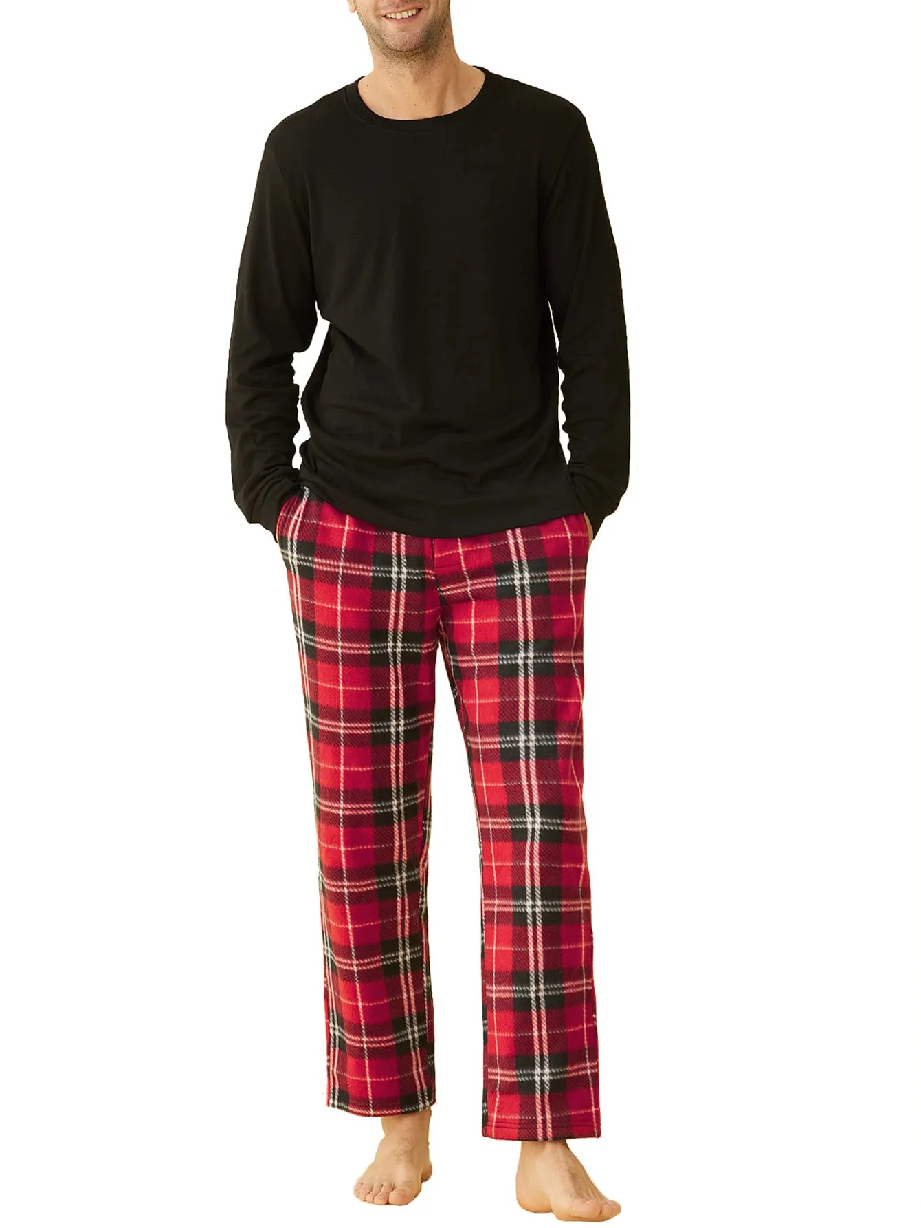 Men's Long Sleeves Top Fleece Plaid Pants Pajama Set